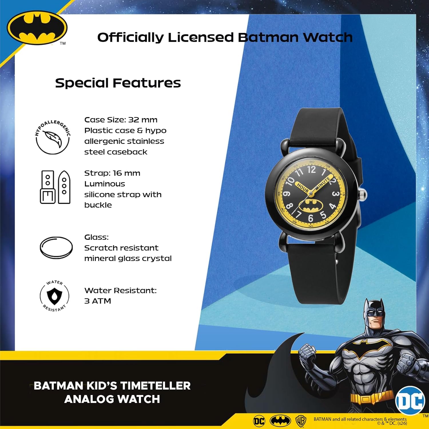 Warner Brothers DC Comics Batman Watch for Kids Ages 4–7 – Featuring Luminous Character Dial, Easy-Read Hour & Minute Hands – Batman and Robin Toys – Watches for Toddlers