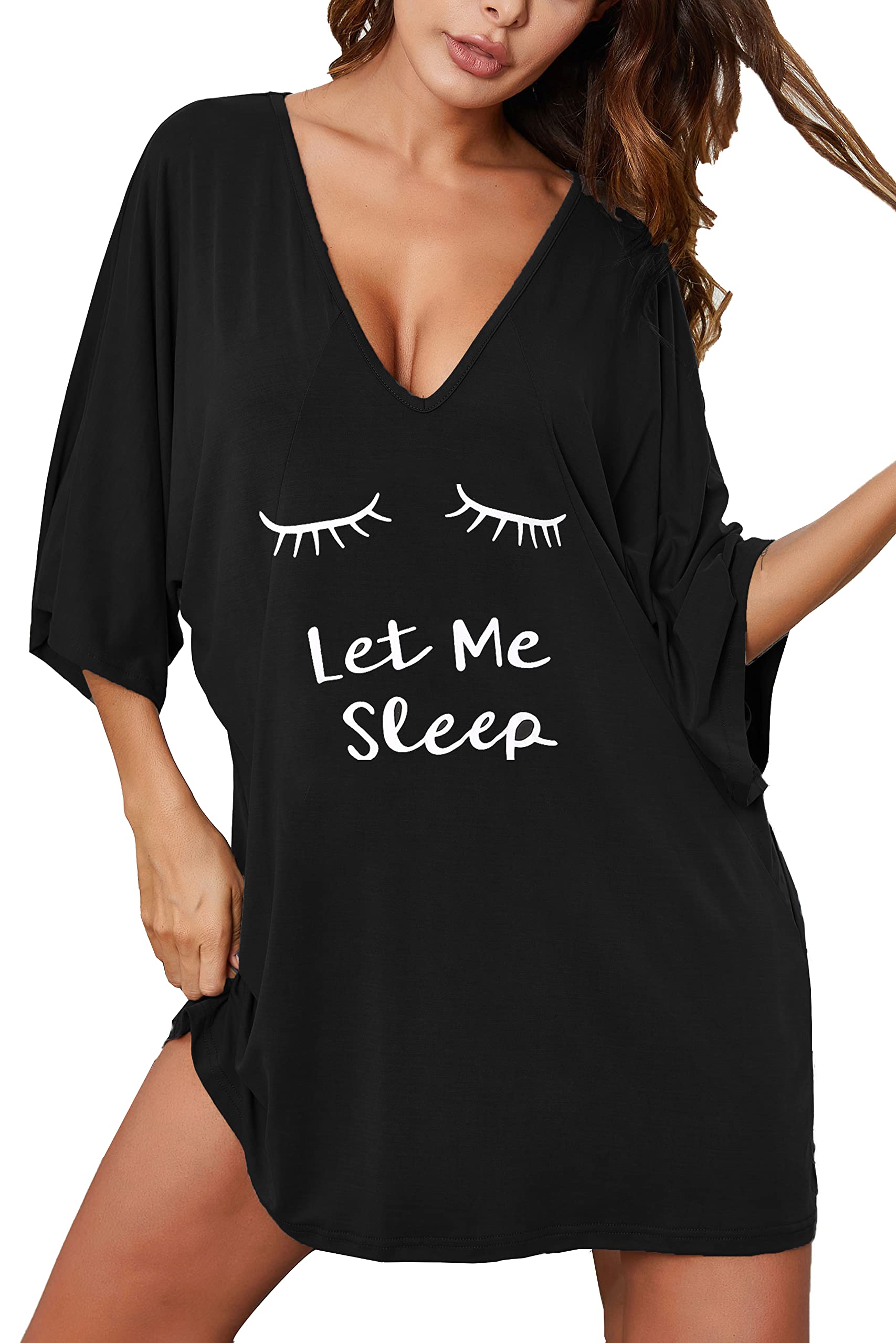 Ekouaer Women's Sleepshirt Deep V Neck Nightgown Batwing Nightshirt Oversized Sleepwear