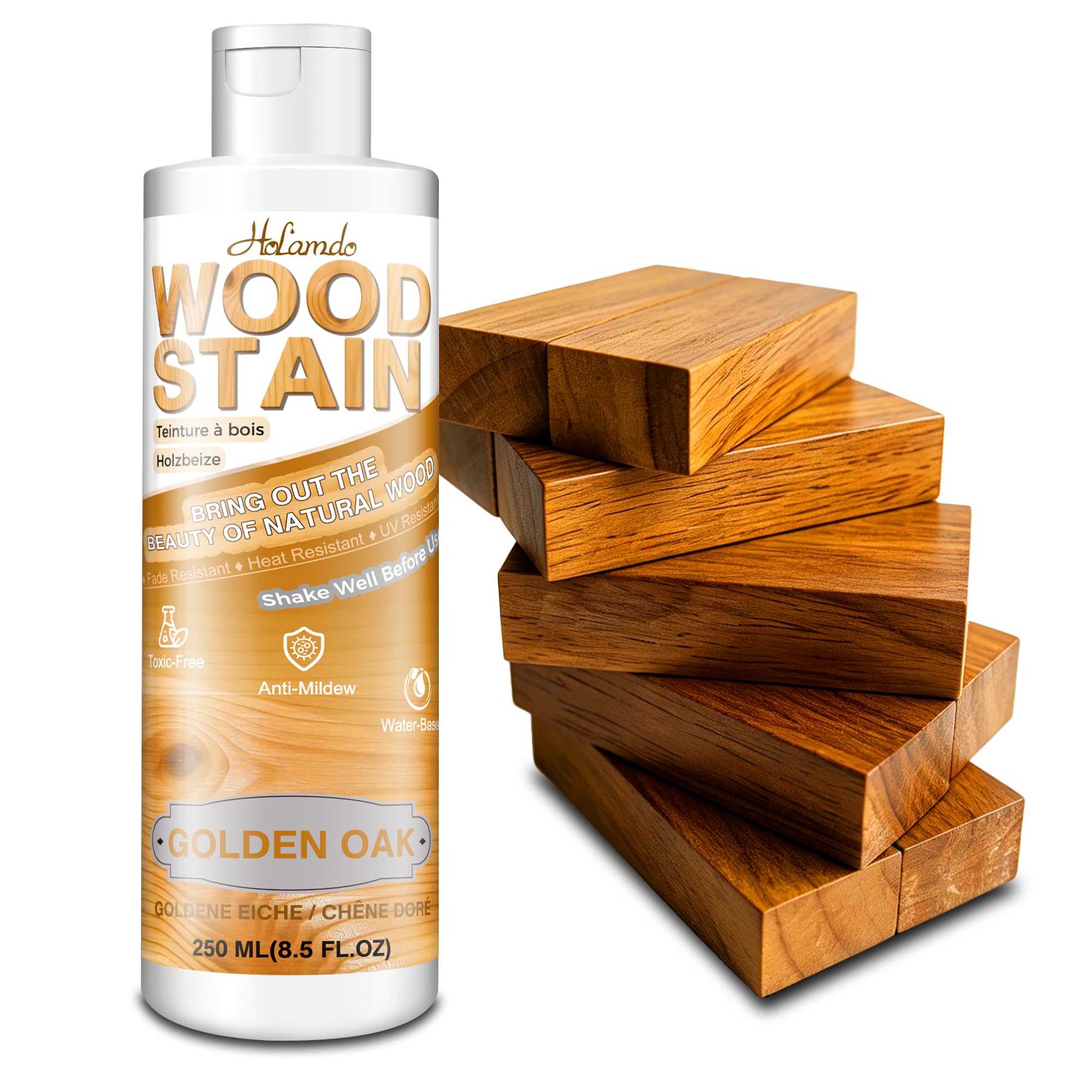 Water Based Wood Stain 250ml, Golden Oak – Indoor Outdoor Furniture Stain & Wood Varnish for Doors, Windows, Paneling & Cabinets, Low Odor Non-Toxic, Fade Resistant, Multiple Finishes