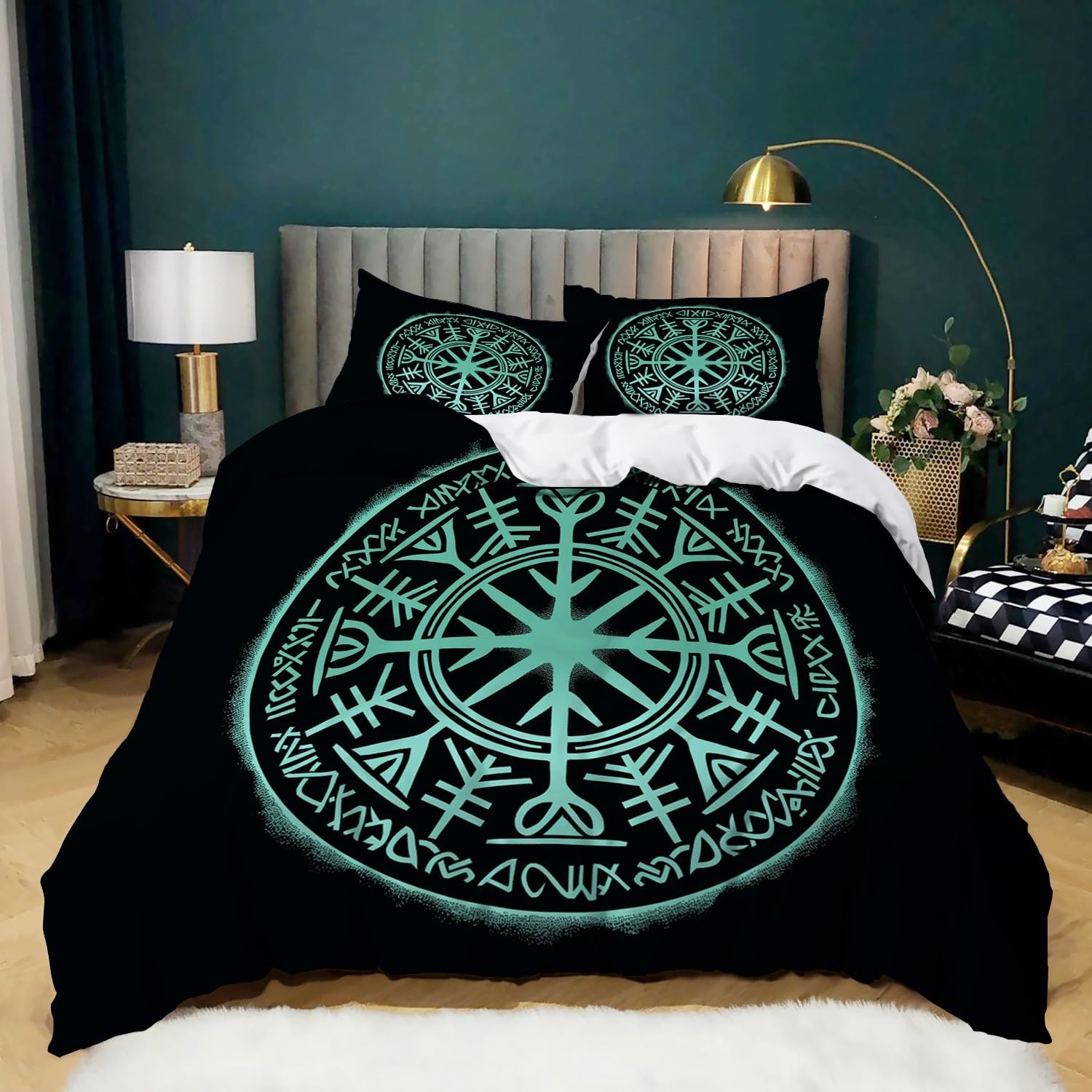 Zestaw poszewek na kołdry i poszewki na poduszki Wikingów wzór symetryczny 260 cm x 220 cm zielony czarny, 3-częściowy zestaw pościeli z nadrukiem miękka mikrofibra z zamkiem błyskawicznym