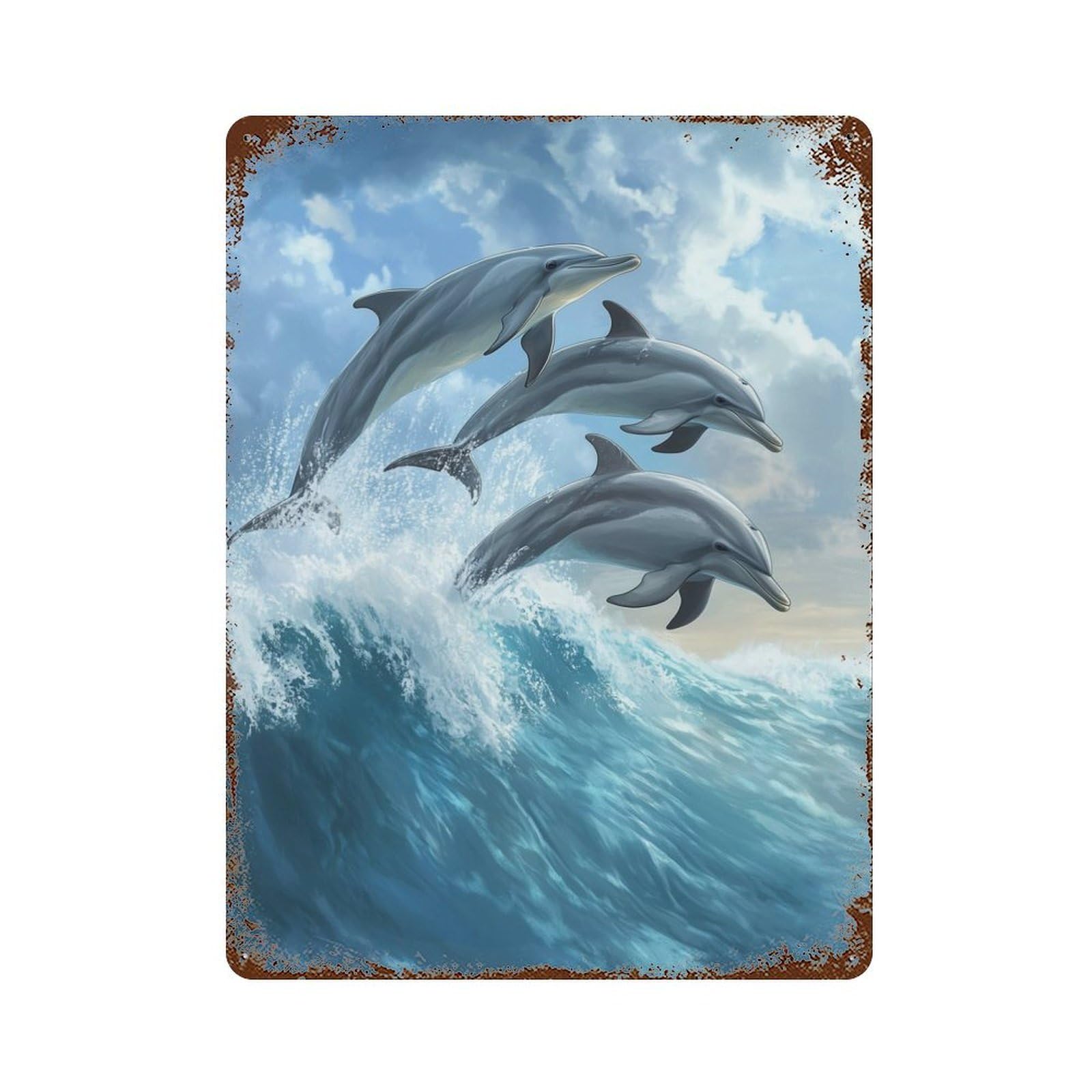 Dolphins Leaping Wave Rustic Tin Plaque 15.7"x11.8", for Shed, Workshop And Garage Wall Decor, Shabby Chic Decor