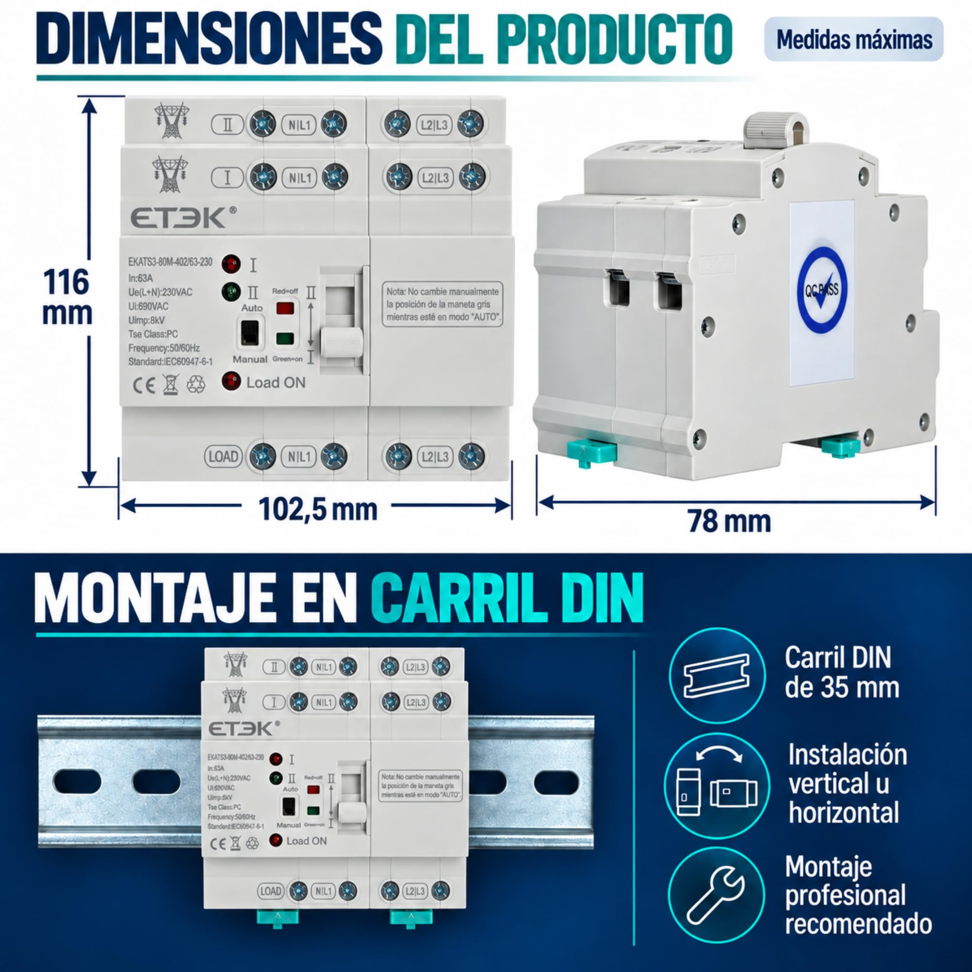 Interruptor de Transferencia Automática ATS 4P 63A 230V Doble Alimentación