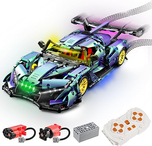 OWONE 1 Super Car Building Set con motores y kit de luz LED, juguetes de bloques de construcción de autos de carreras deportivas para adultos y
