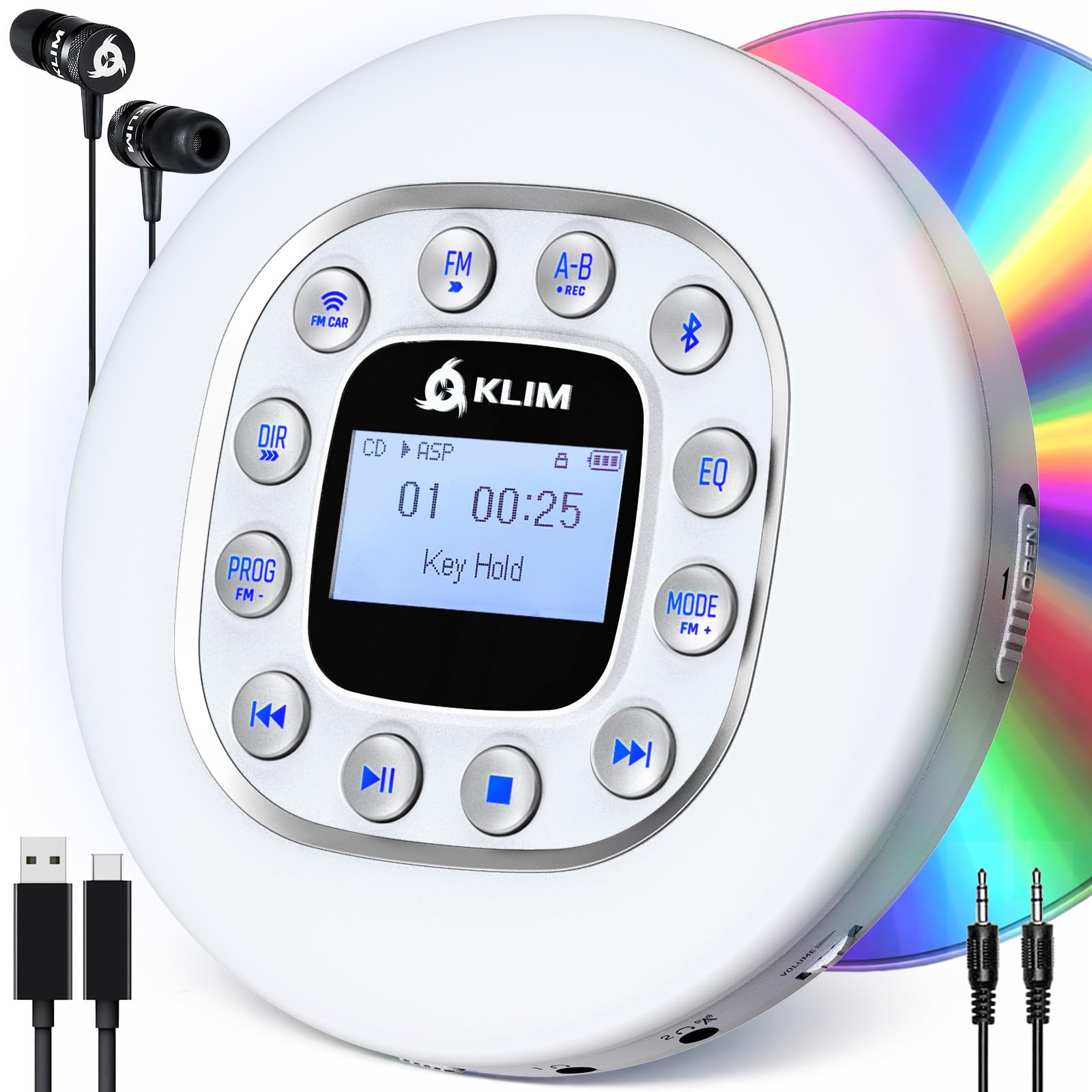 - KLIM Journey + Portable CD Player Walkman with Long-Lasting Battery + New + w/Headphones + Radio FM + Compatible MP3 CD Player + SD Card, FM Transmitter, Bluetooth + Ideal for Cars - White