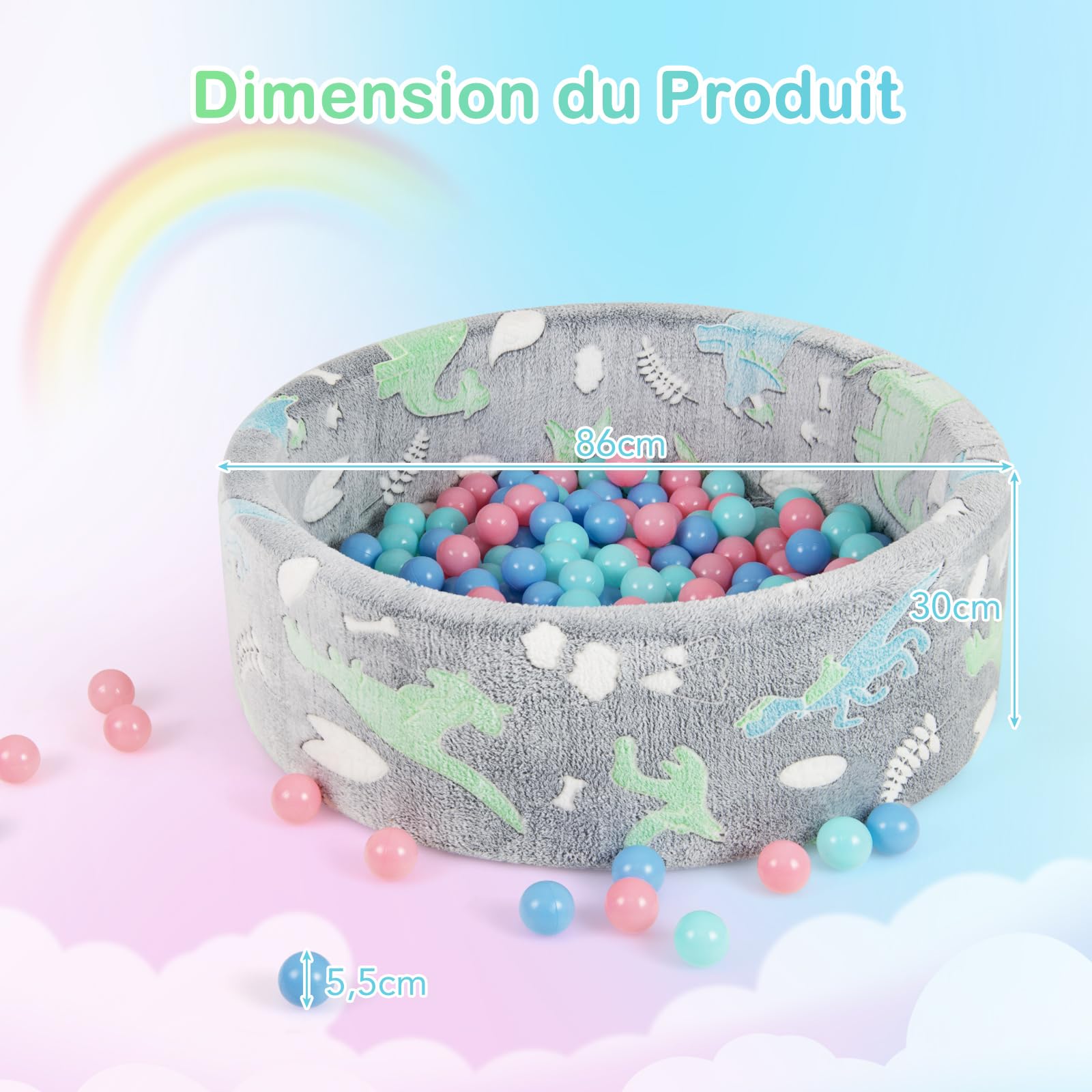 COSTWAY Piscine à Balles Phosphorescente en Mousse Enfant 86x30cm avec 200 Balles Océaniques, Fosses à Balles Ronde Bébé avec Motif Dinosaure & Tissu en Flanelle, Gris
