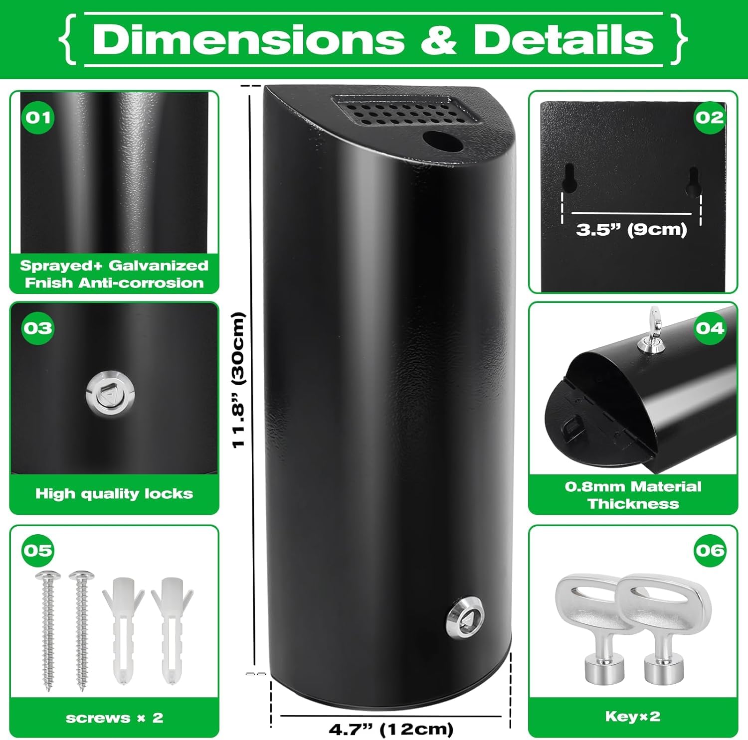 Cenicero de Pared con Tapa Bloqueable - Cenicero para Exterior/Interior de Chapa Galvanizada Resistente al Óxido, Fácil de Limpiar - Ideal para Restaurantes, Hoteles, Bares, Oficinas y Jardines