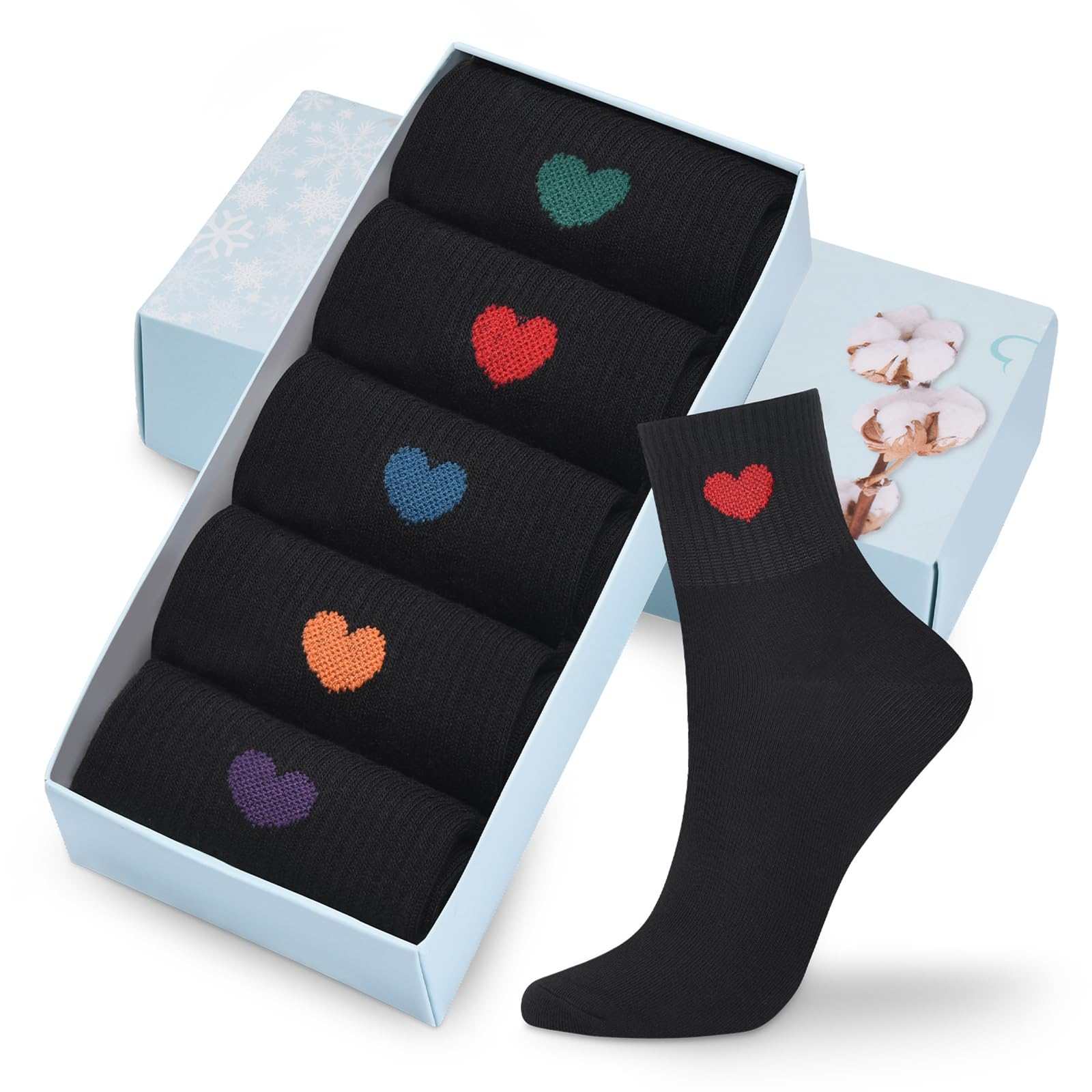 Corlap Women's Cute Cotton Crew Athletic Running Socks - Ankle High, Novelty Fun Heart Design 5-Pairs (Gift Box)