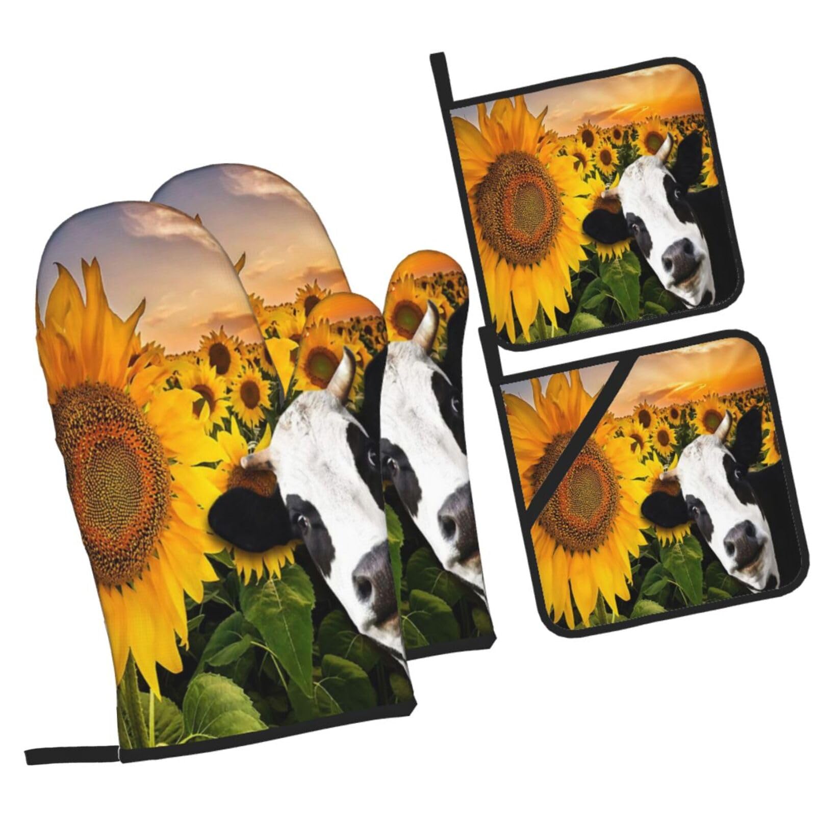 Sunflower and Cow Printed Oven Mitts and Pot Holders Heat Resistant Set of 4 Pcs, Modern Kitchen Gloves & Potholders for Cooking Baking Grilling
