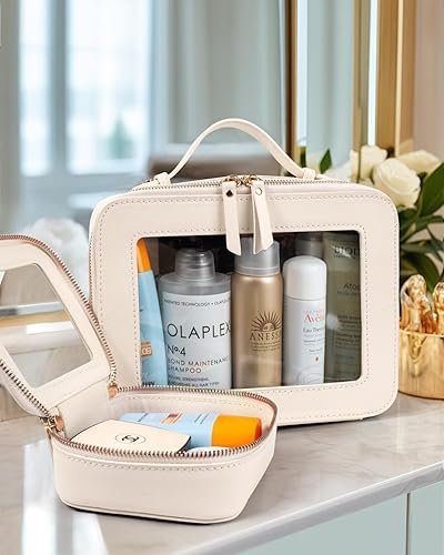 Miniatura 3 de Bolsa de maquillaje con letras de chenilla para viajes con muñeca con cremallera, bolsa de cosméticos transparente para mujeres, bolsa impermeable