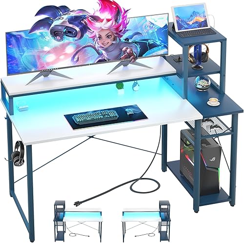 Miniatura 8 de Besiost Escritorio para juegos de 47.2 pulgadas con LED, escritorio de computadora con 47 tomas, escritorio pequeño para espacio pequeño, escritorio