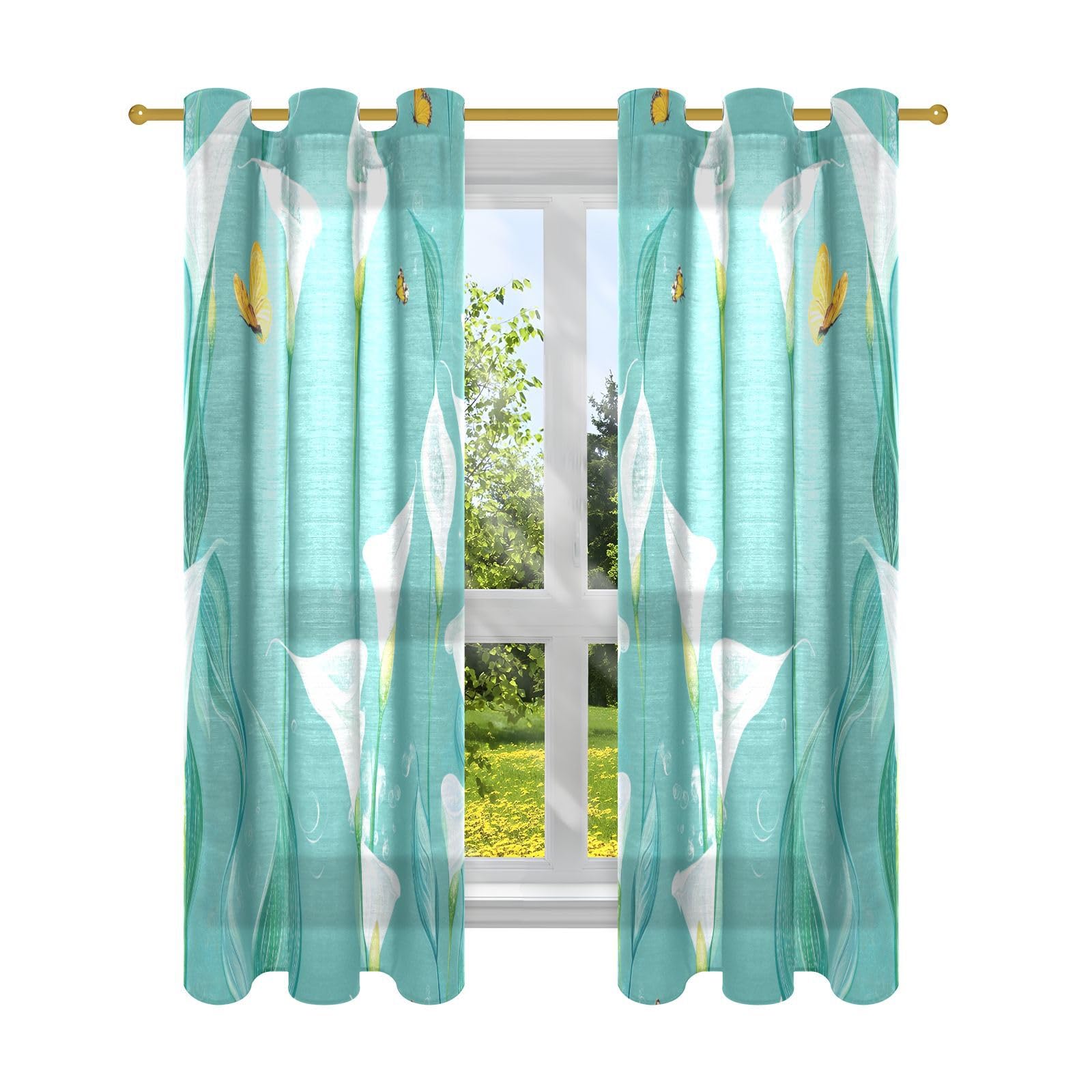 Rideaux fleurs de lys Calla Turquoise de 160 cm de long pour fenêtres de séjour