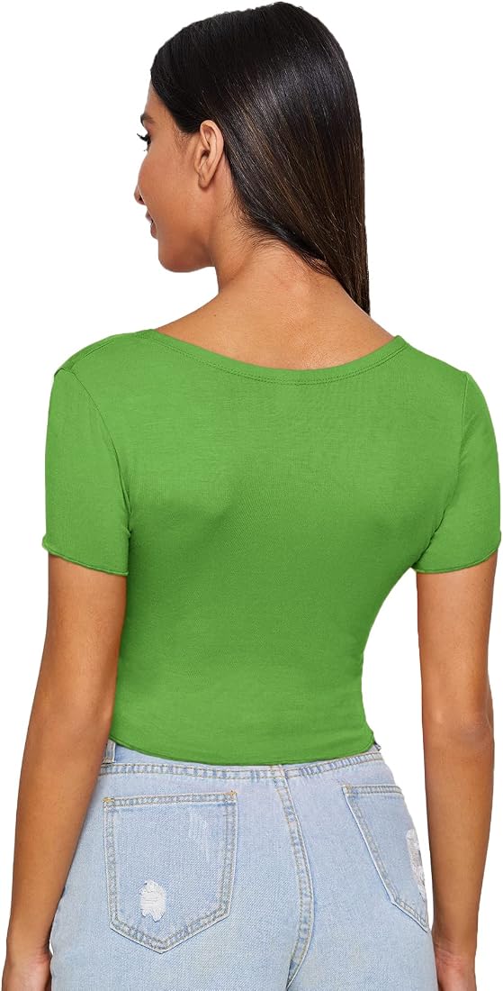 Verdusa Women's Ruched V-Neck Crop Top | Drawstring Front Tee, Soft Stretchy Fabric - View #6
