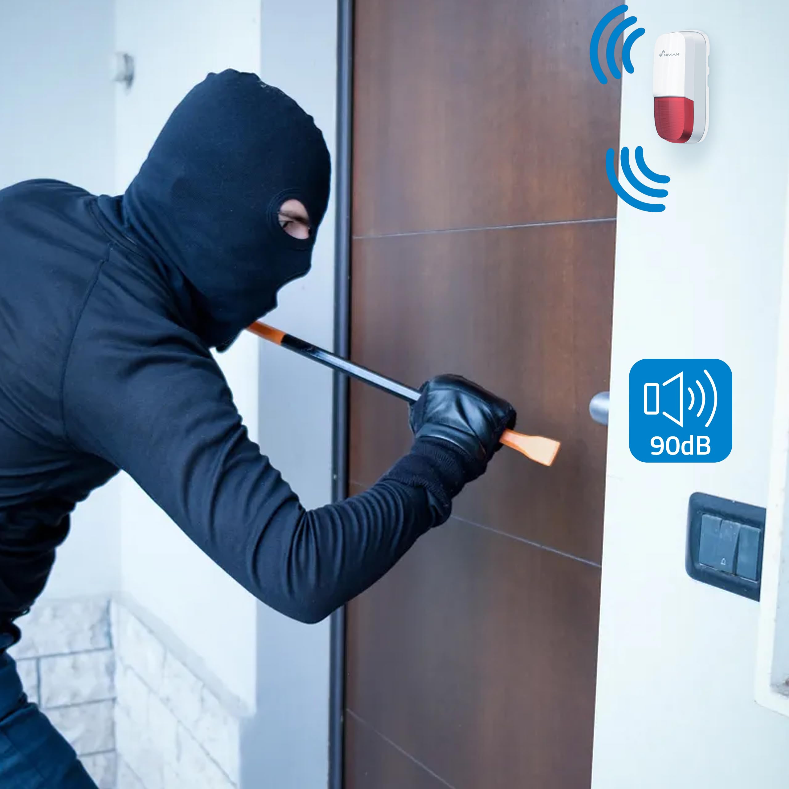 Nivian–Sirena inalámbrica compatible con sistema de alarma Nivian–Apta para interior y exterior resistentes al agua–Alerta lumínica y sonora de 95dB–Incluye batería de respaldo-Fácil instalación