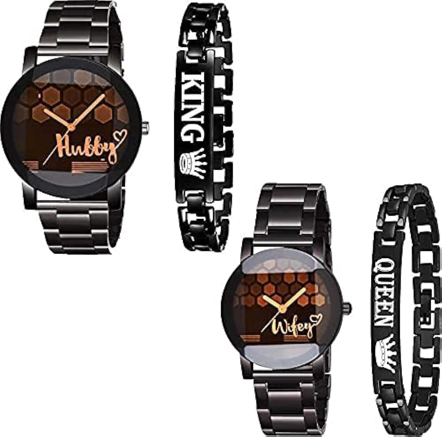 KIARVI GALLERY Analogue Men's and Women's Couple Watch and King Queen Bracelet Combo (Black Dial Black Colored Strap) (Pack of 4)