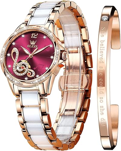 Miniatura 7 de OLEVS Relojes mecánicos automáticos para mujer cuerda automática oro rosa correa de cerámica de dos tonos esfera de corazón de amor a la moda