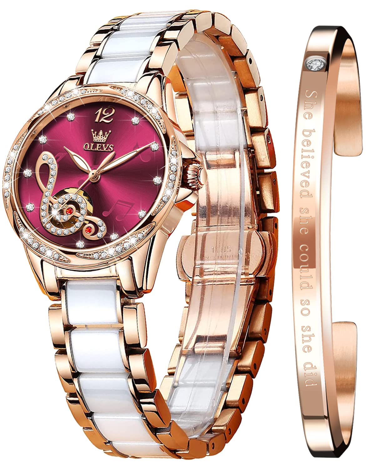 OLEVSWomen Automatic Mechanical Watches Self Winding Rose Gold Two Tone Ceramic Strap Diamond Love Heart Dial Fashion Elegant Dress Ladies Wrist Watches Waterproof Luminous