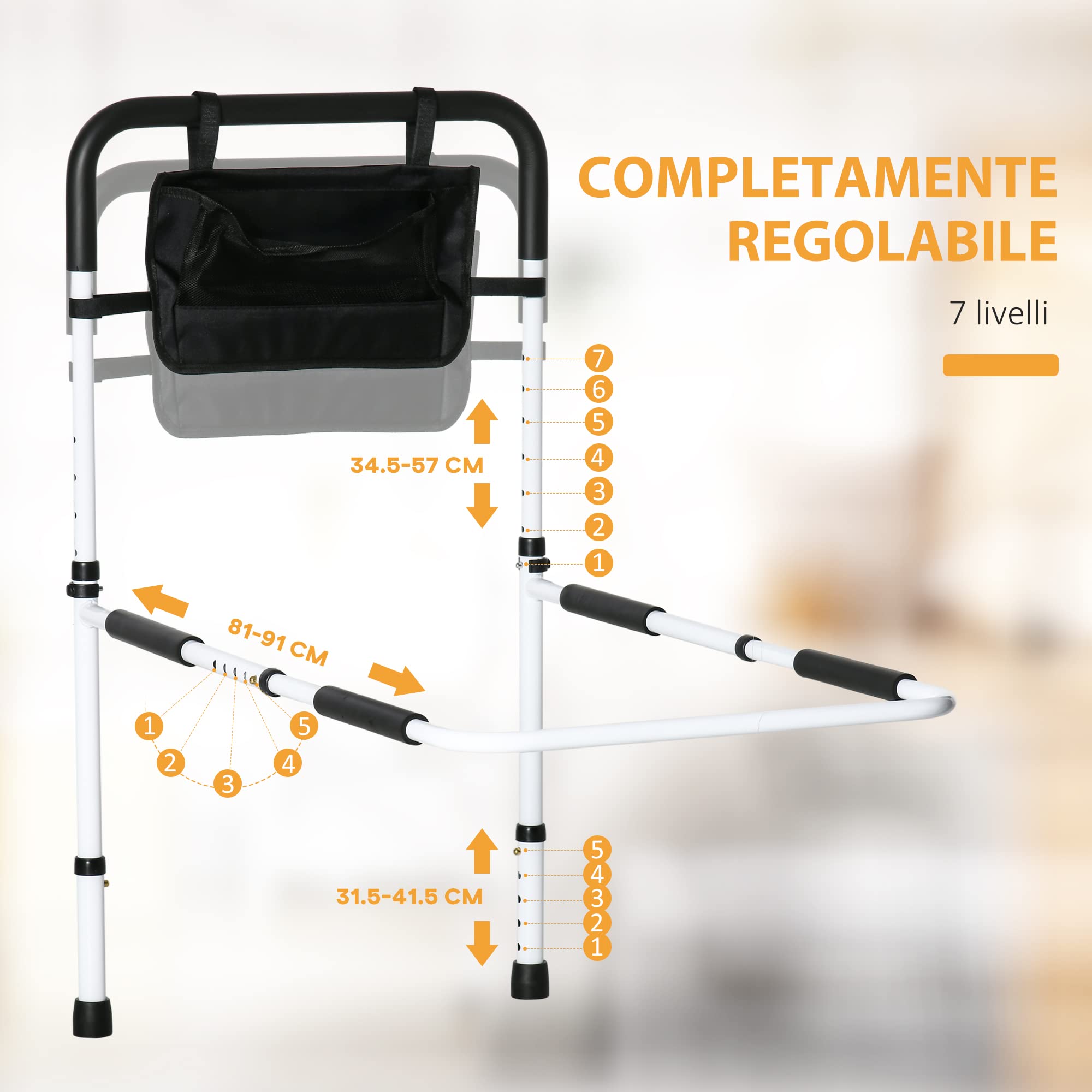 HOMCOM Maniglia per Letto con Lunghezza e Altezza Regolabile, Alzaletto in Acciaio con Tasca e Impugnatura Morbida, Bianco