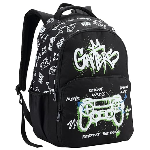 Mochila de Costas Escolar Gamer, Design Moderno, C/Compartimentos Espaçosos, Alças Acolchoadas, para Estudantes Crianças Juvenil, Material Reforçado