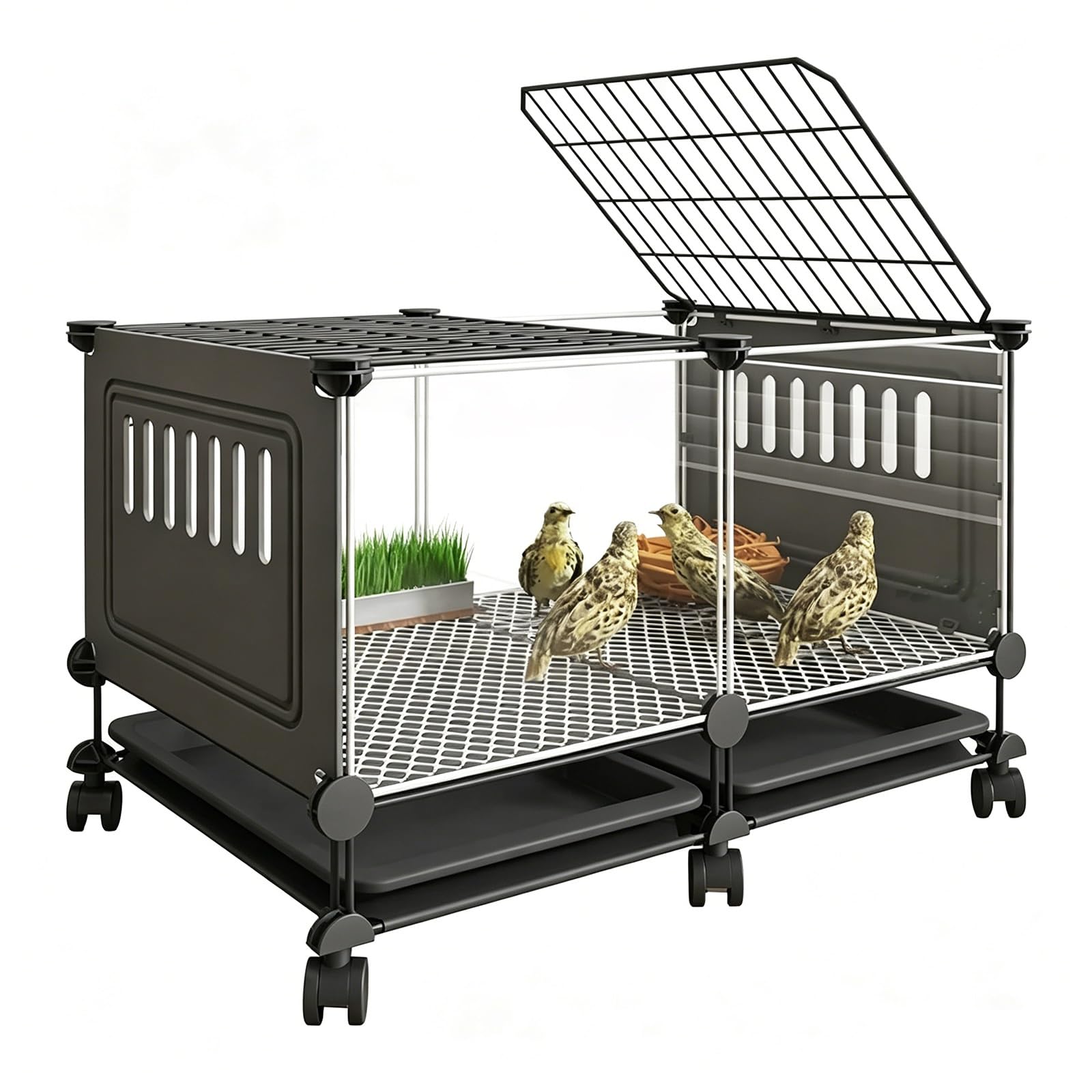 Home Chicken Coops HD Transparent Rudin Chicken Cage 360° Rotating Casters Pull-out Bottom Tray Indoor Quail Cage Skylight Design For Raising Multiple Pets(Black,74x47x54cm)