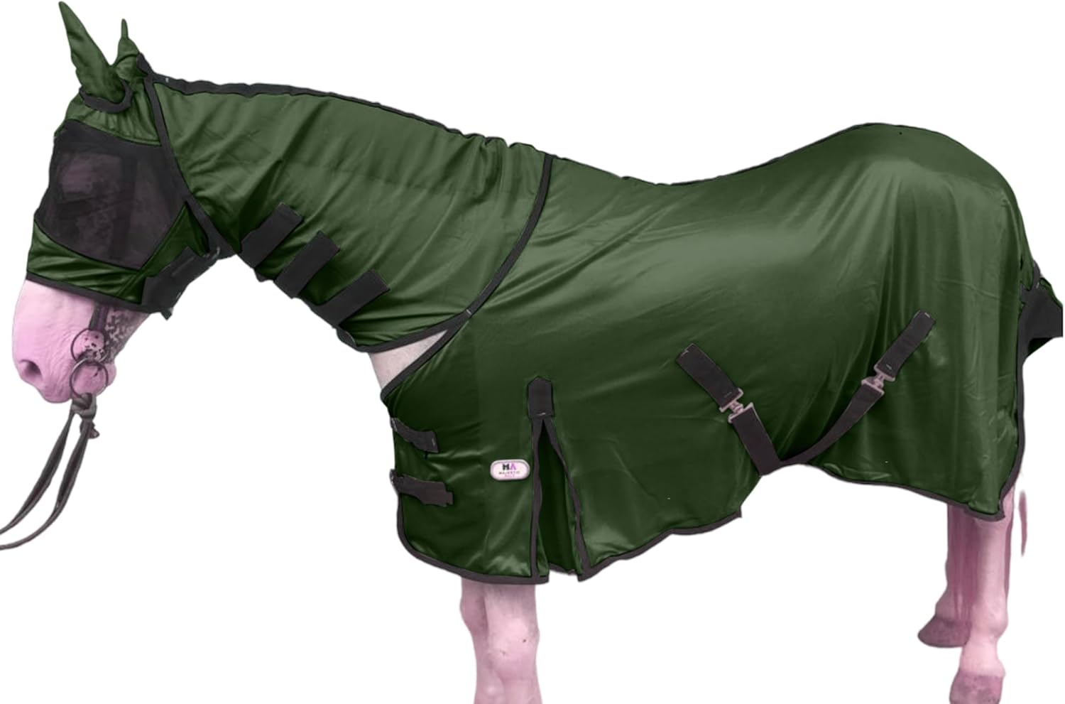 Majestic Ally Horse Fly Sheet with Neck Cover and Head Mask, Breathable UV and Bite Equine Protection, Adjustable Body Straps, Boarding or Turnout Accessory, Contoured Fit, Hunter Green, 72 Inch