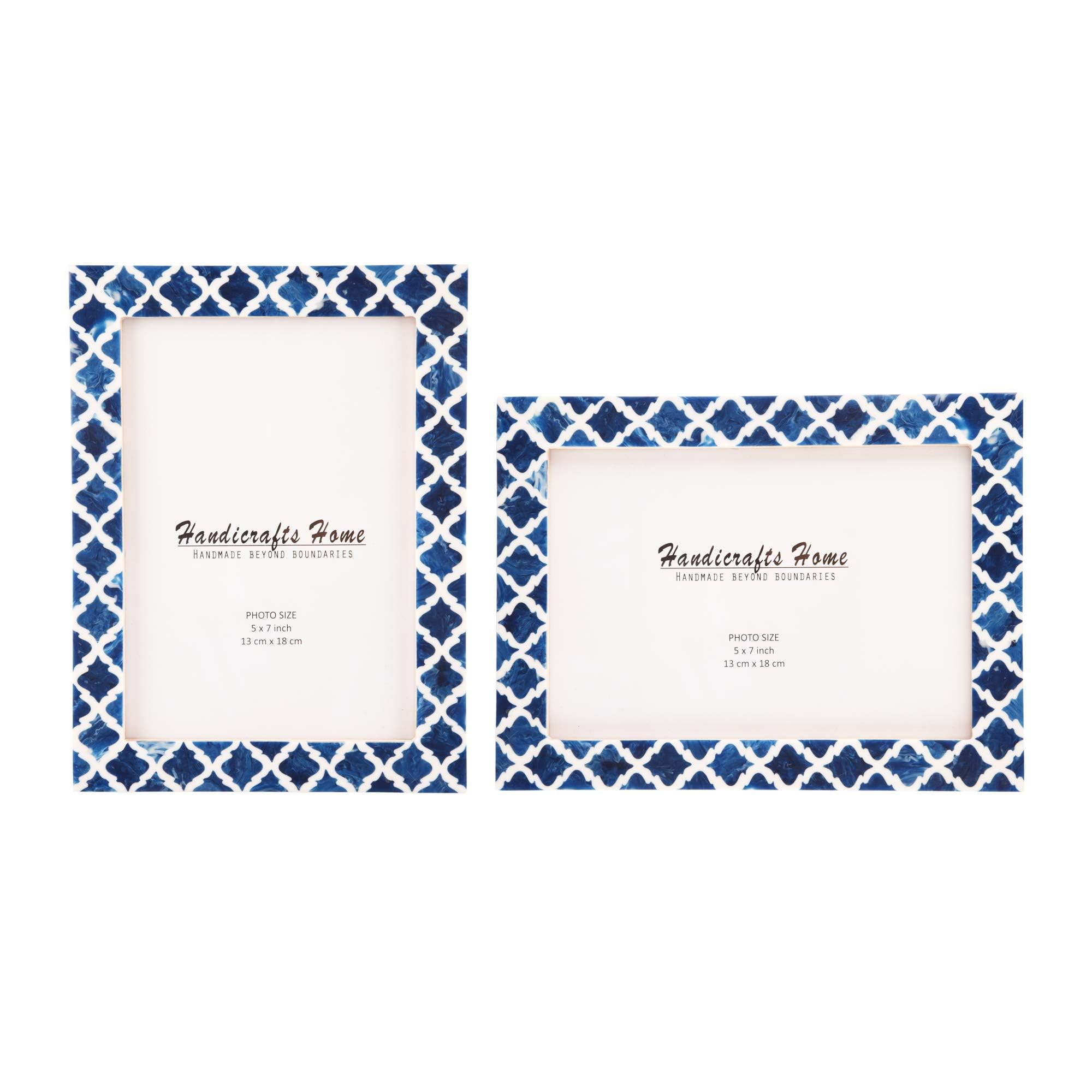Handicrafts Home Medianoche-Blue-White Blue & White Vintage Photo Frames For Wall Or Tabletop Display, 5X7 Picture Frame Set Of 2,Boho Farmhouse Gallery Wall Frame Set, Artisan Handmade Home Decor, Handmade Moroccan Frame