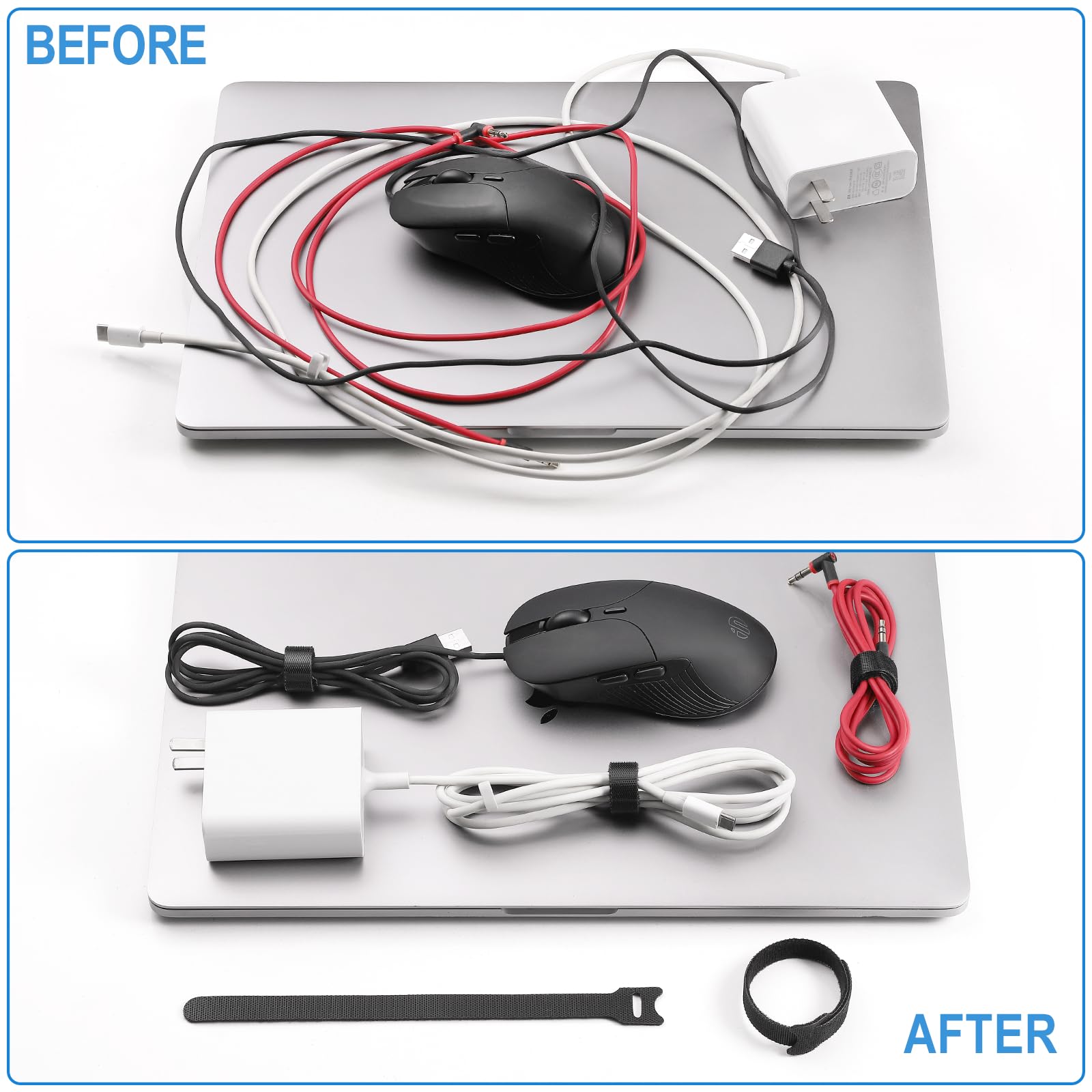 100 PCS 8 Inches Reusable Cable Ties | Adjustable Cord Wraps, Cable Straps | Hook & Loop Cord Organizer, Cable Management | 5 Colors - 4