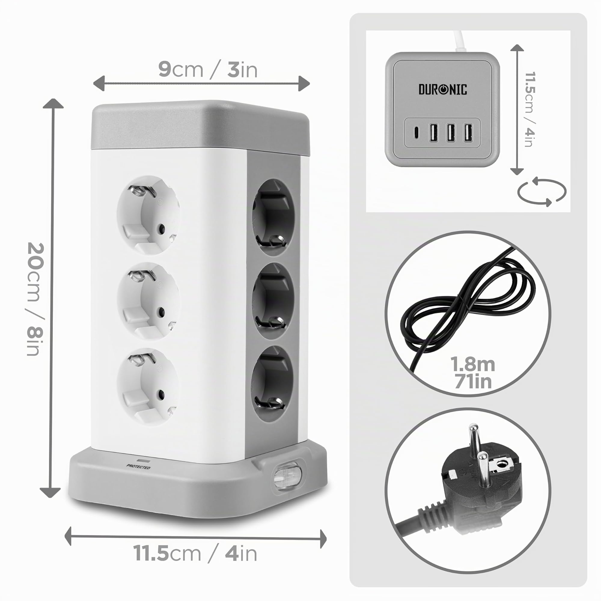 Duronic ET12C Multipresa Torre 3680W con 12 Prese Schuko + 4 USB-A + USB-C | Ciabatta Elettrica Verticale con Protezione Sovraccarico e Cavo 1.8m, Torre Multipresa USB Casa Ufficio Gaming TV