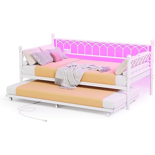 GAOMON Heavy Duty Metal Twin Daybed with Pull-Out Trundle, Built-in Charging Station & LED Lights - Space-Saving Sofa Bed Frame for Bedroom, Apartment, Guest Room - White