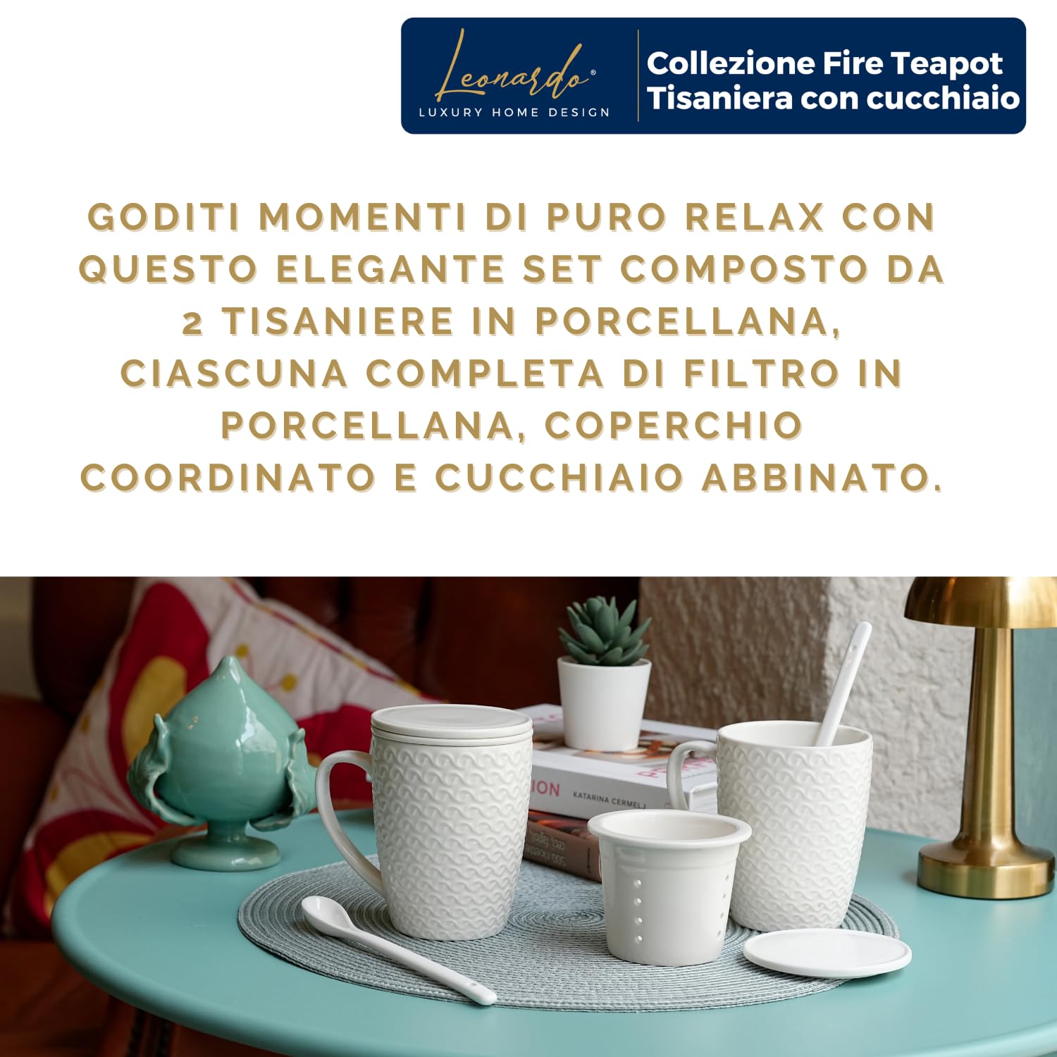 Set 2 Pezzi Tisaniere Tazze con Cucchiaio Filtro e Coperchio in Porcellana Liscia e Resistente Tisana The Infusi Elegante Idea Regalo