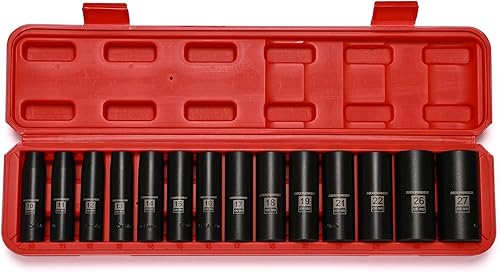 Miniatura 2 de MIXPOWER Juego de 14 llaves de vaso de impacto profundo de 12 pulgada, 0.394 in-1.063 in, acero Cr-Mo, métrico, grado de impacto, estuche de