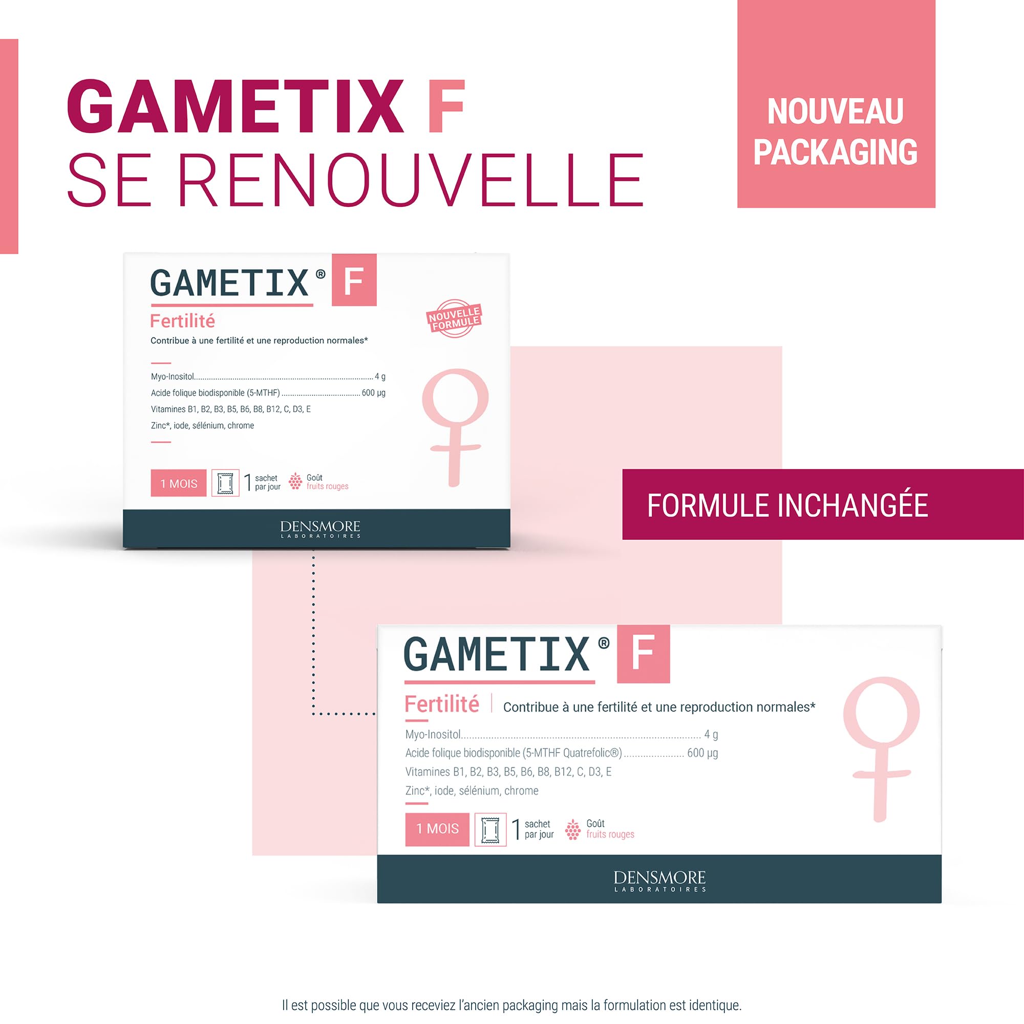 Densmore - GAMETIX F - Fertilité femme et Grossesse - Complément Alimentaire à base Vitamines et Minéraux, Myo-Inositol, Acide Folique - 30 sachets (poudre) - 1 mois - Fabriqué en France