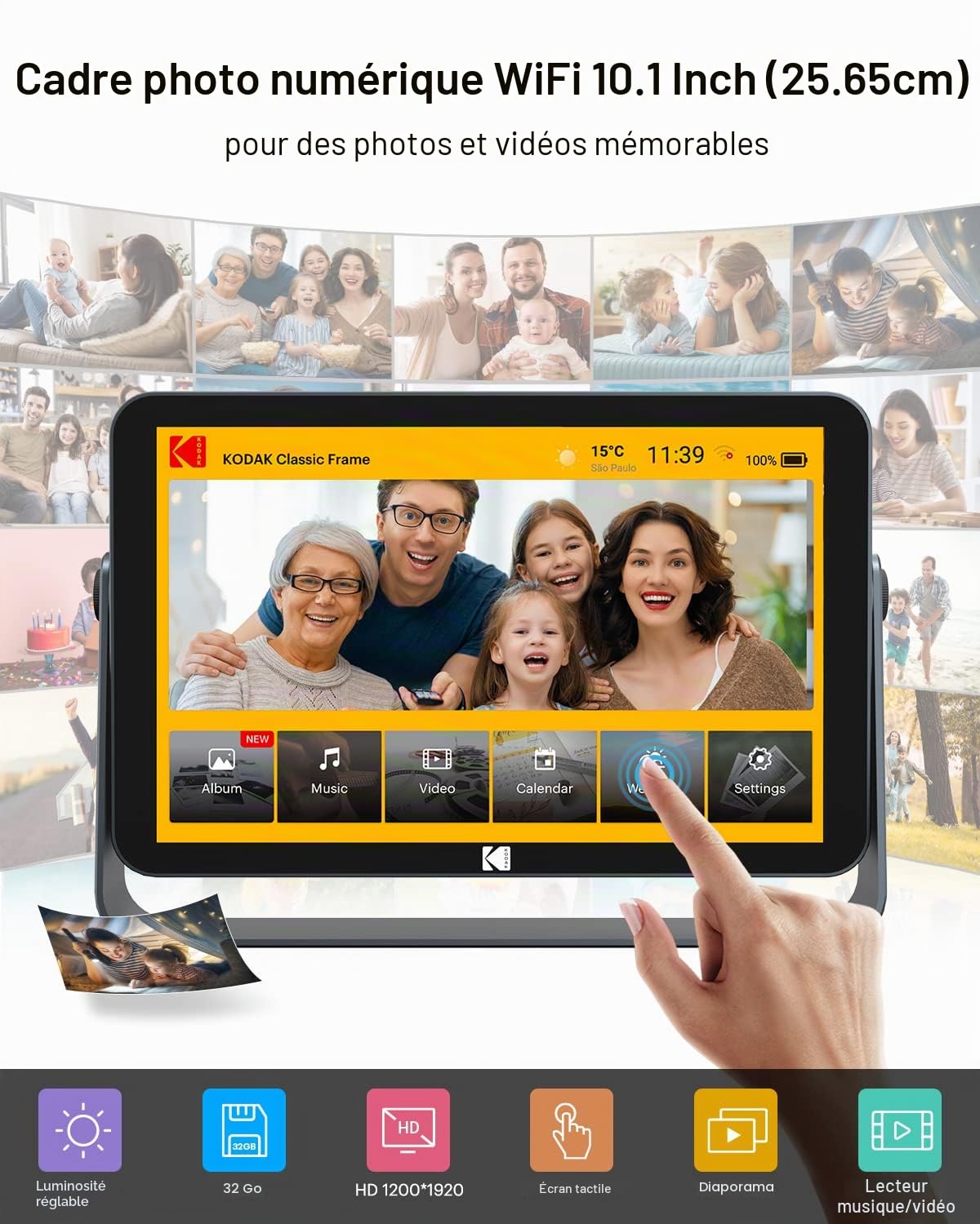 KODAK Cadre Photo Numérique WiFi, 10.1 Pouces IPS Écran Tactile, 4000mAh Batterie, 32Go Stockage, Photos ou vidéos n'importe où Via l'application Gratuite
