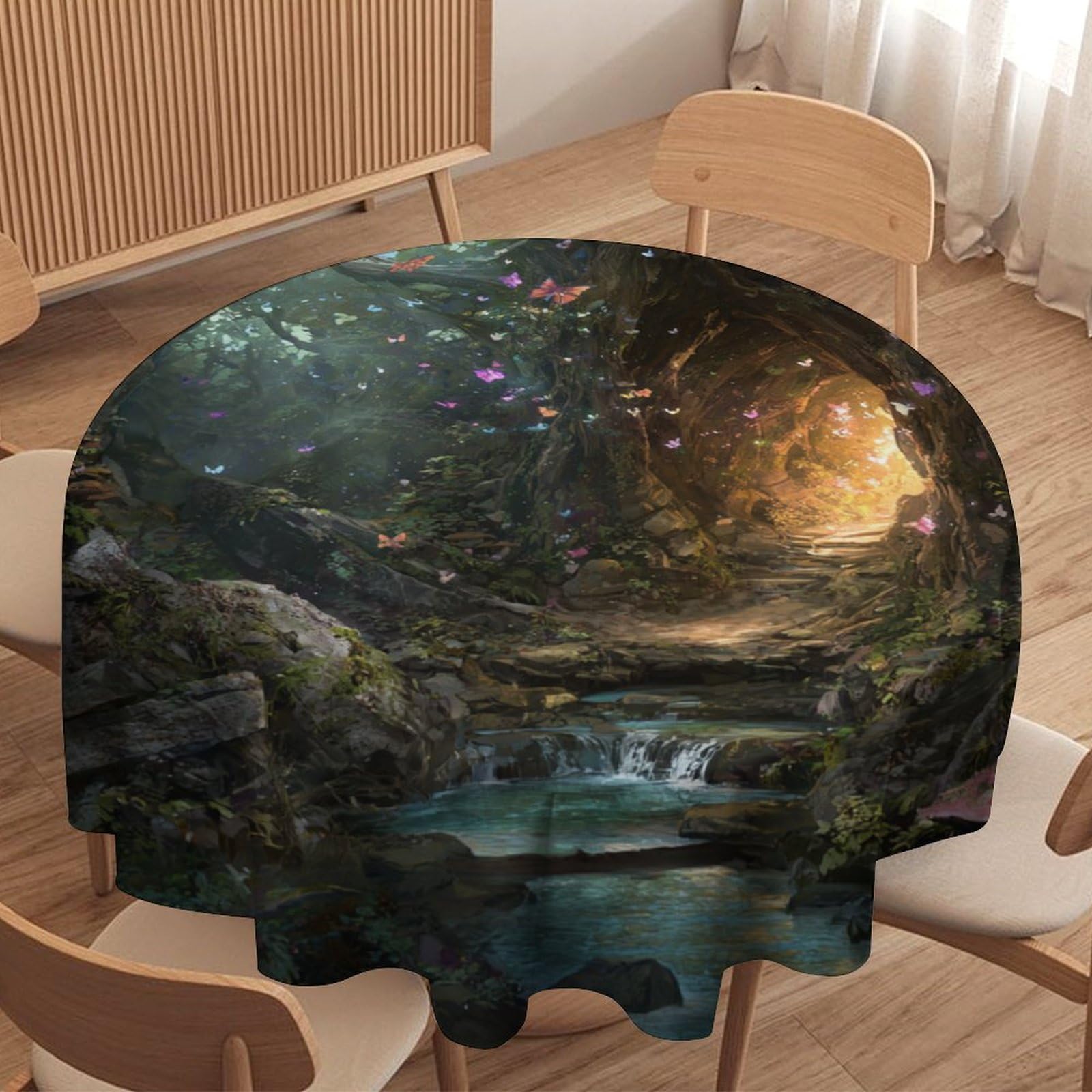 LUYYSKY Fantasy Classic Enchanted Forest Waterproof Round Tablecloth Retro Colorful Fairytale Wonderland Animals Butterflies Washable Table Cover for Kitchen-91.4" Wx91.4 L cm