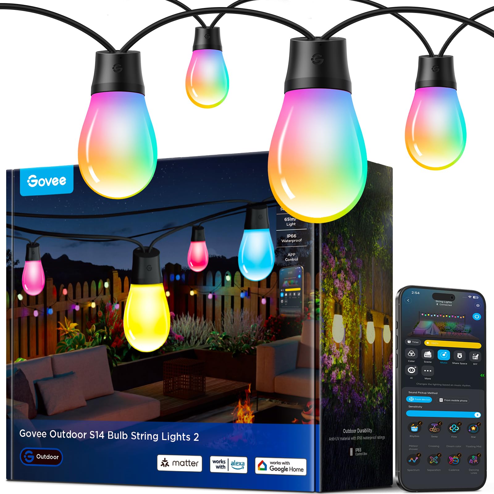 Govee Lichterkette Außen 30M, RGBICW 65lm pro LED, App&WiFi Steuerung,IP66