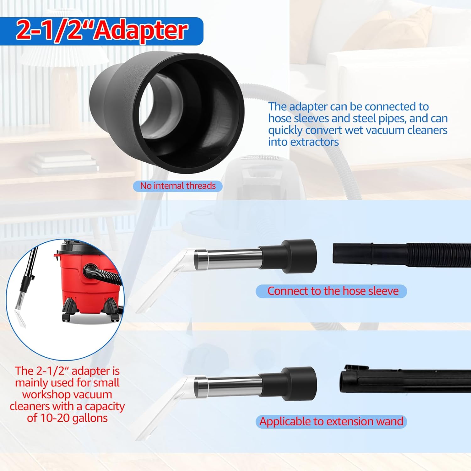Universal Clear Wet Dry Vac Attachments, Compatible with All Shop Vac Extractor Easy Installation Vac Extractor Attachment for 1-1/4" 1-7/8" 2-1/2" Diameter Hose for Carpet Cleaning Auto Detailing
