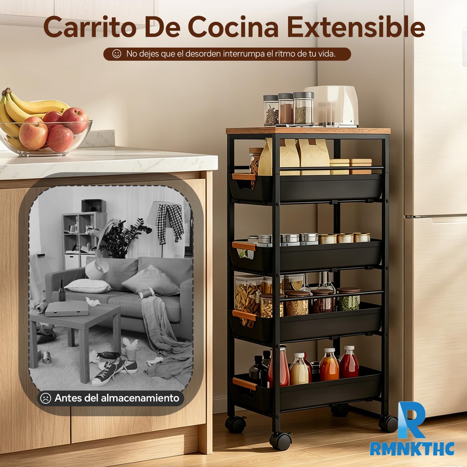 Carro de cocina con 5 estantes y 4 cajones, ruedas de 360° con 2 frenos, con placa de madera y cestas ventiladas, para almacenar frutas, verduras, microondas en la cocina y el salón (32 x
