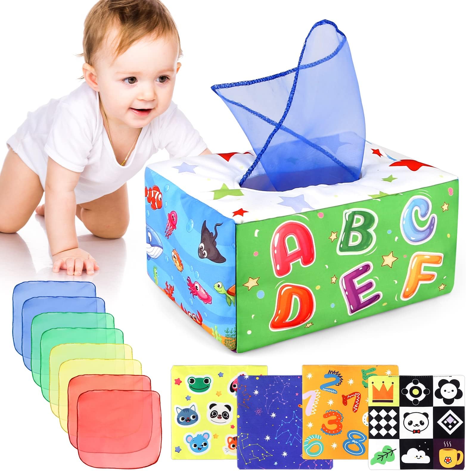 DINORUN Baby Toys 6 to 12 Months - Montessori Toys for Babies 6-12 Months - Infant Newborn Toddlers Sensory Magic Baby Tissue Box Educational High Contrast Toy Development STEM Toy Gift