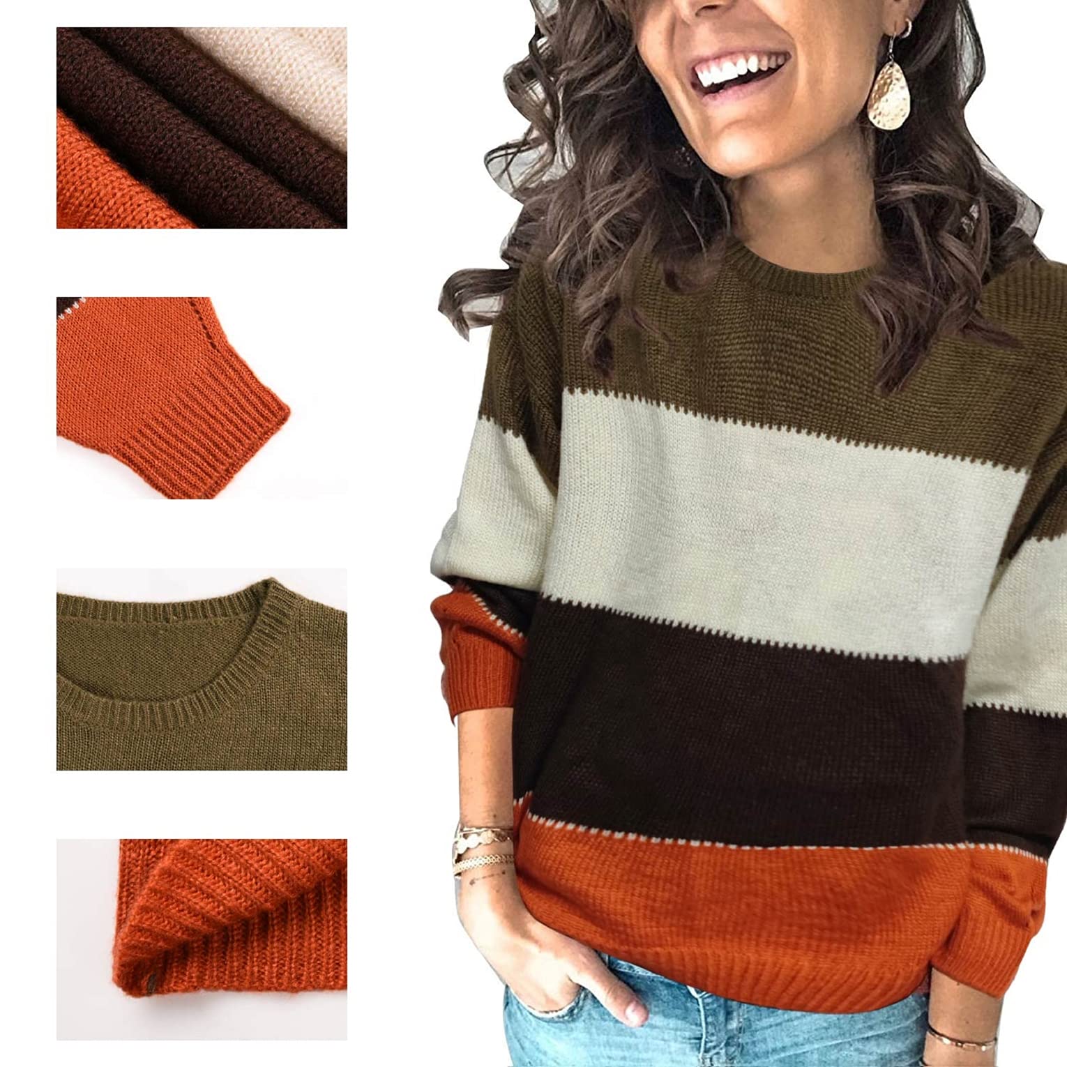 UMIPUBO Maglione Donna Chic Oversize Maglione a Maglia Colorblock Morbido Righe Pullover Casual Knitted Bluse Manica Lunga Moda Girocollo Tops Maglieria per Autunno Inverno Felpe Ragazza