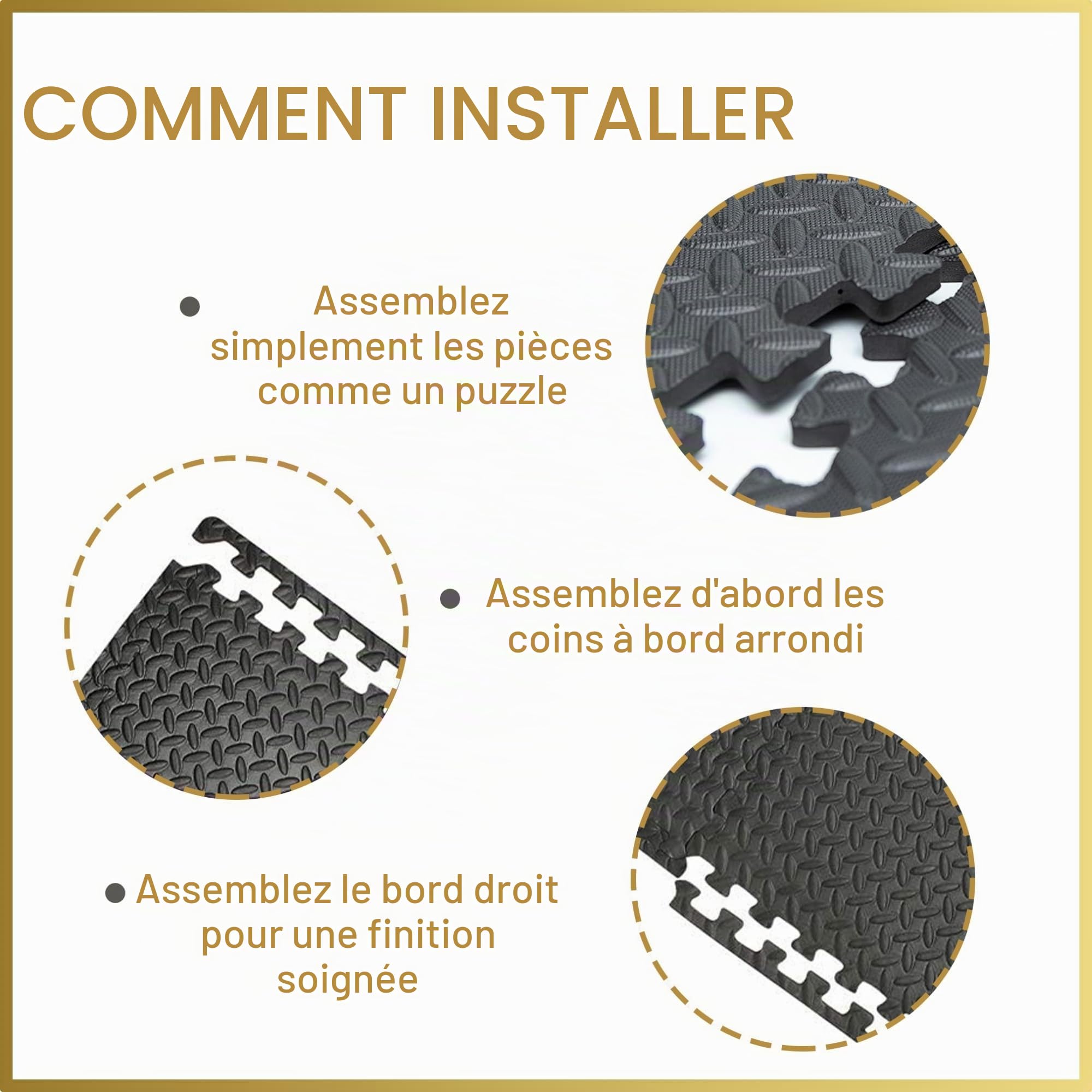 Lot de 24 dalles de sol emboîtables en EVA - Coussin en caoutchouc antidérapant pour entraînement à la maison - Tapis de yoga - 60 x 60 cm - Noir