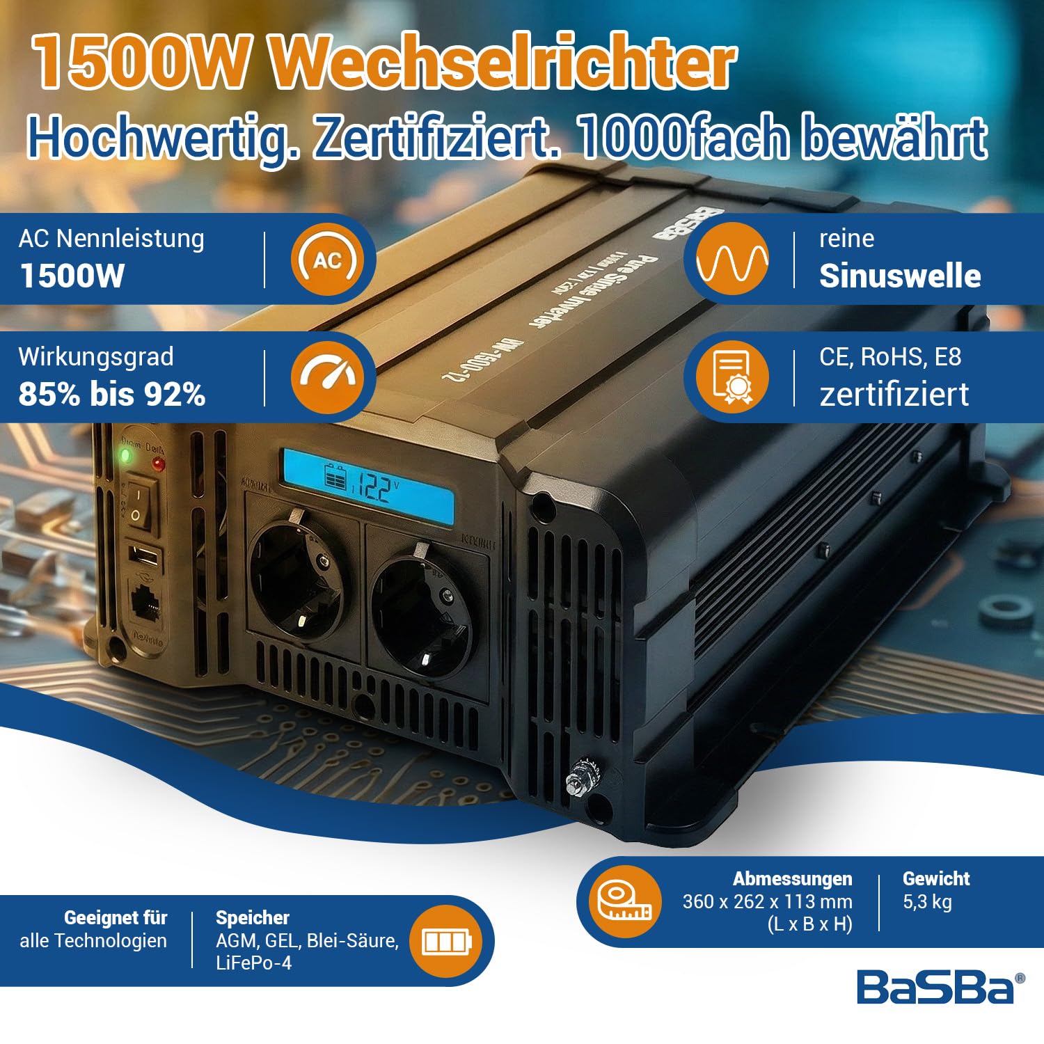 Solar Inselanlage 1500W 230V Komplettset 12V 480Wp PV Anlage mit 260Ah Batterie MPPT Victron Wechselrichter autark Garten Wohnmobil Offgrid | BaSBa BA12-1500