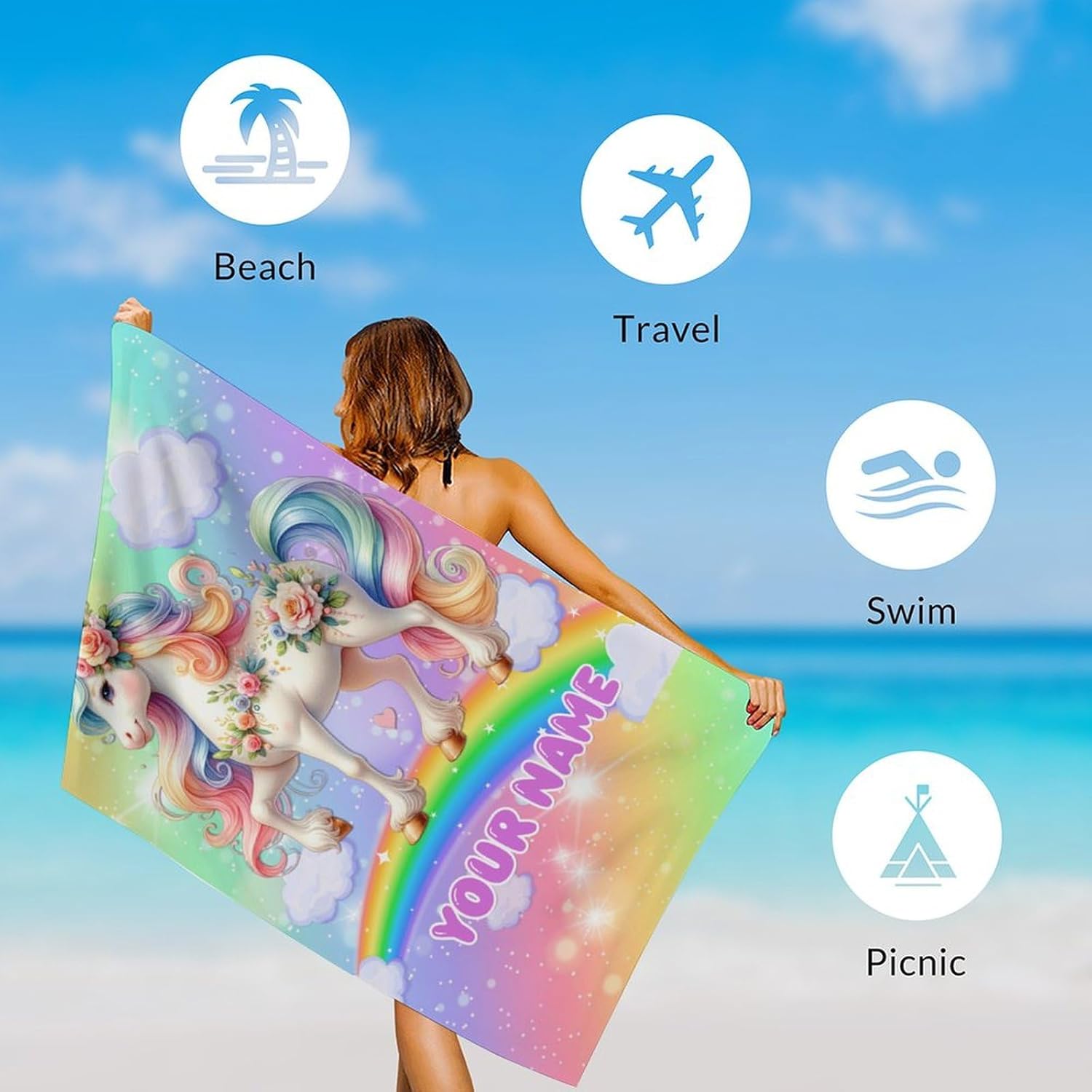Unicorn Beach Towel for Women - Custom 40" x 70" Extra Large Cute Bath Towels for Beach, Pool & Travel - Quick-Dry Sandless Swimming Accessory for Swimmers