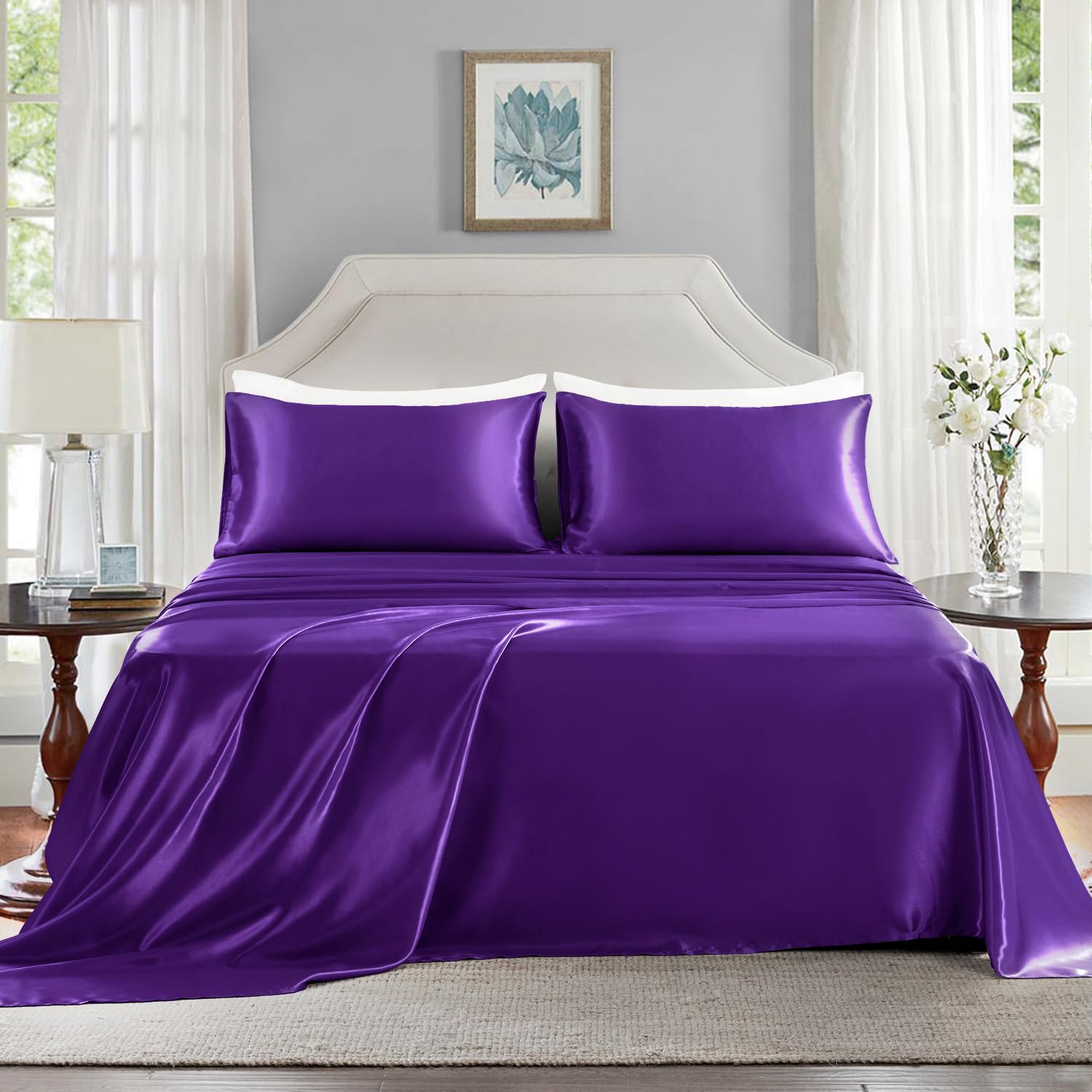 GOLAL Satin Sheets King Size, 4 Pieces Luxury Silky Soft Bed Sheets - Image 2