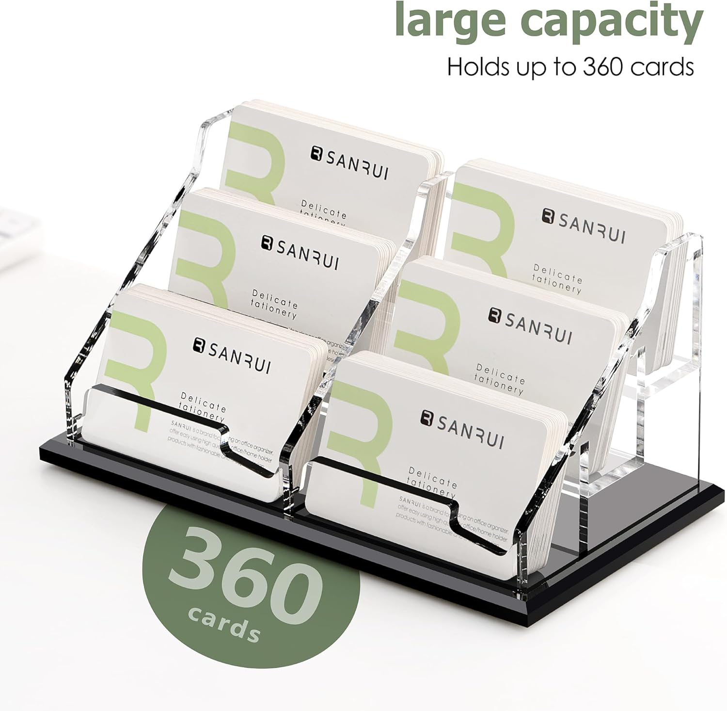 SANRUI Black Business Card Holder for Desk 6 Slot , Clear Acrylic Horizontal Name Card Stand for Women and Men, Desktop Organizer Display for Office Home Exhibition - 360 Card Capacity 1 Pack