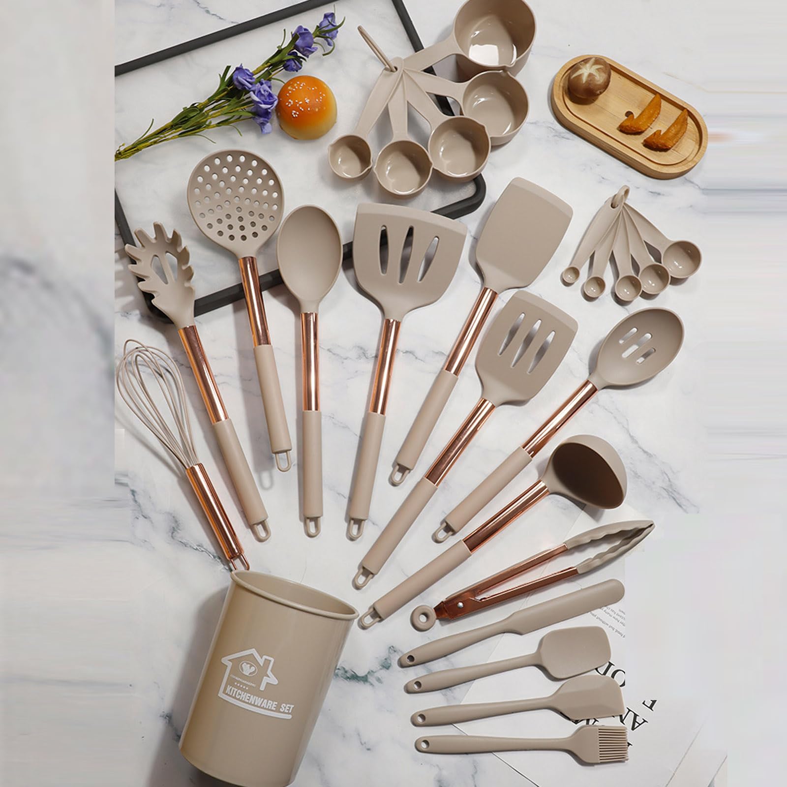Ensemble d'ustensiles de cuisine, ustensiles de cuisine en silicone, ensemble de spatule 25Pcs avec poignée en acier inoxydable en or rose,Kaki