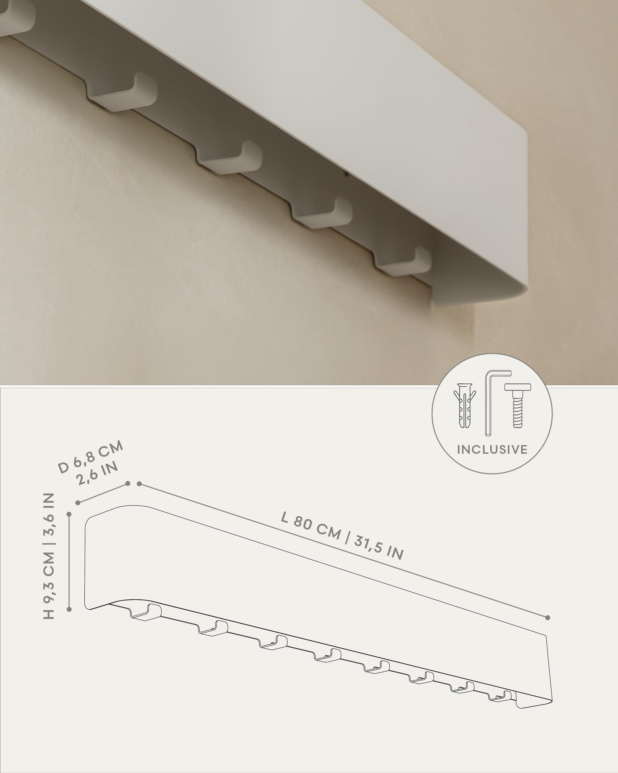 Kazai. Percheros de pared originales 'Tone' | Panel moderno con colgadores de ropa ocultos y estante | Percheros para entrada minimalista en metal | Perchero de montaje en pared | Blanco