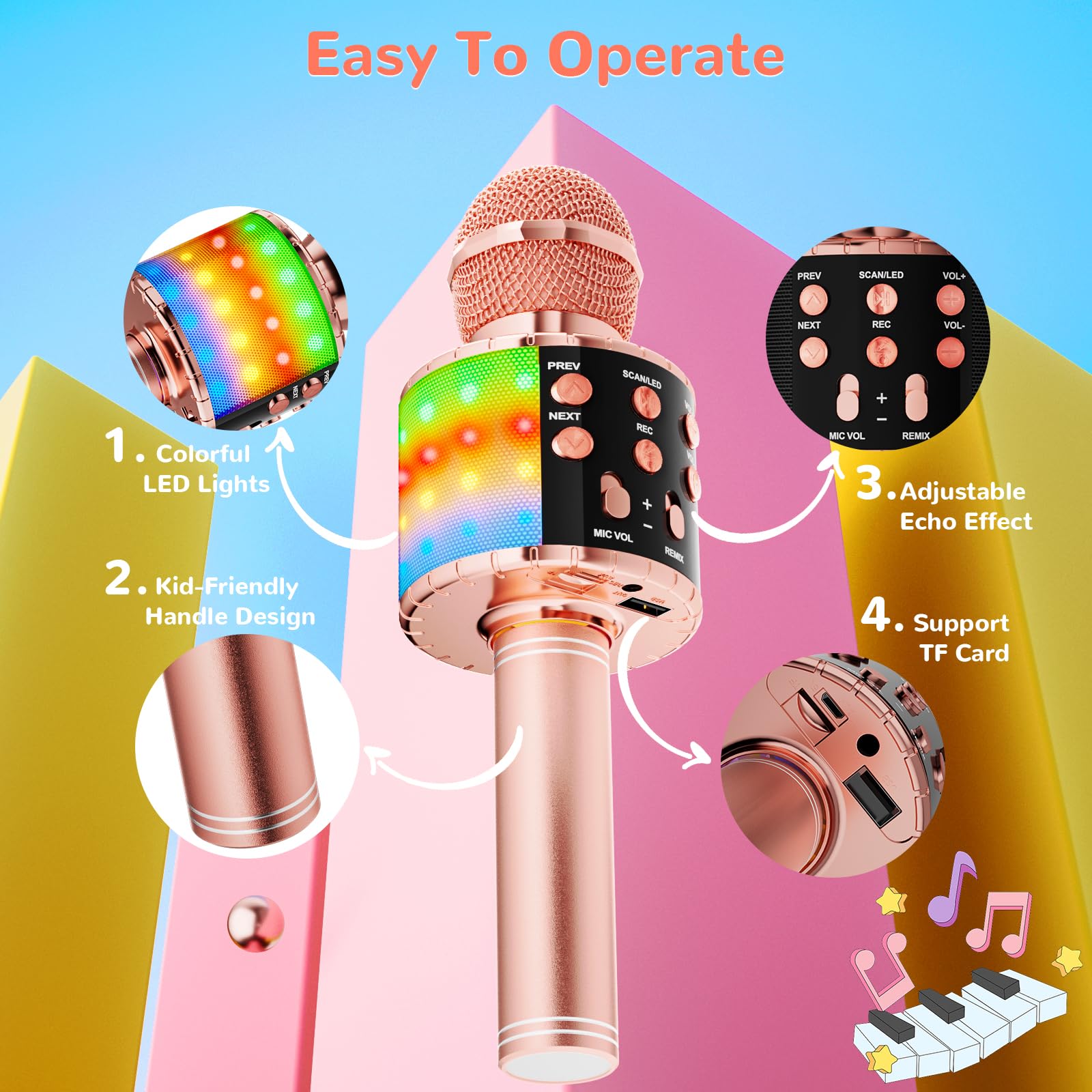 Ankuka Microfono Karaoke Bluetooth Wireless Microfono Bambini Regalo per Bambini 3-12 Anni Microfono Giocattolo Cambia Voce, Compatibile con Android, iOS, PC Oro Rosa-Nero