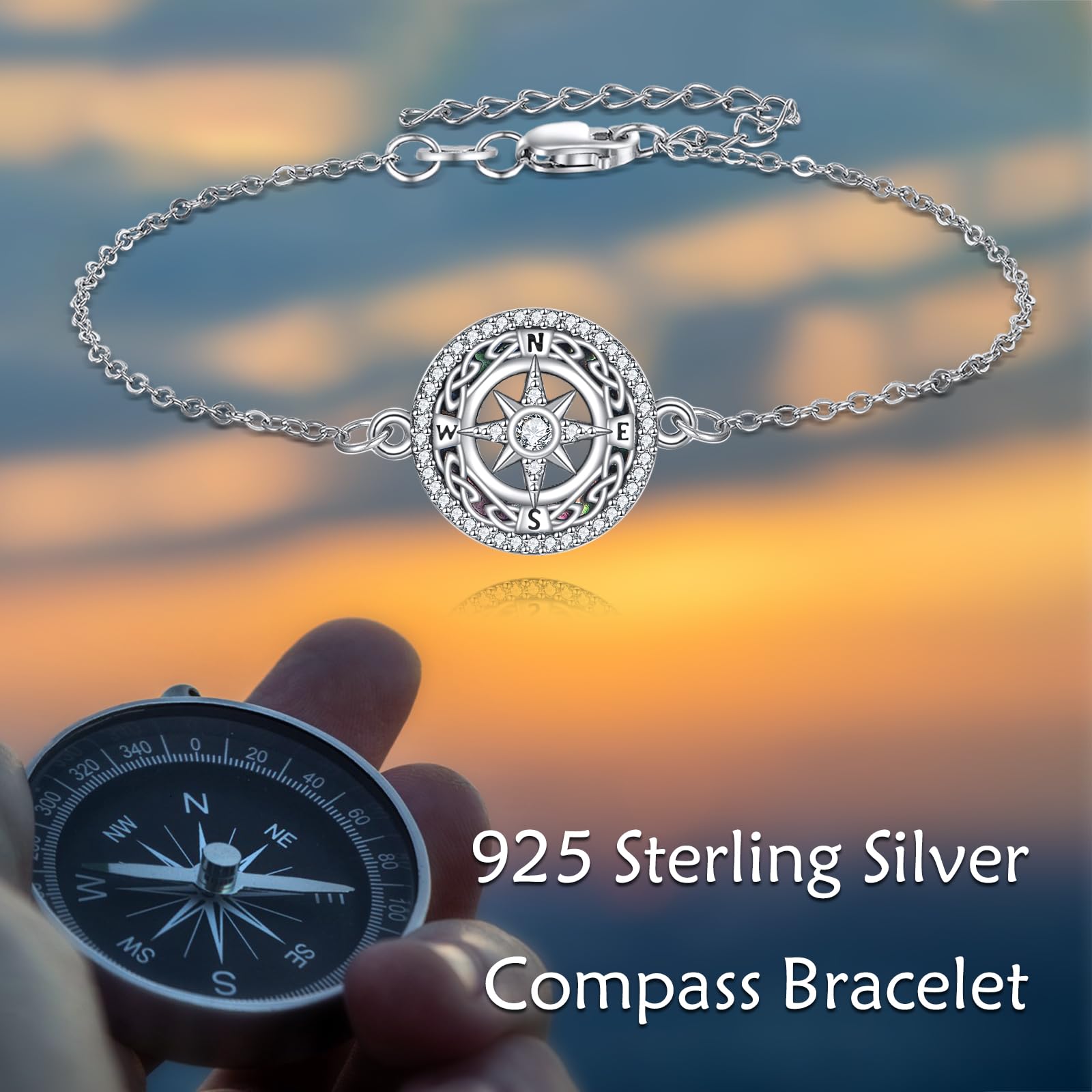 KZX Kompass Armband für Frauen aus 925er Sterlingsilber mit Abalone-Muschel Kompass, Geburtstags-Schmuckgeschenk für Ehefrau, Schwester, Freundinnen