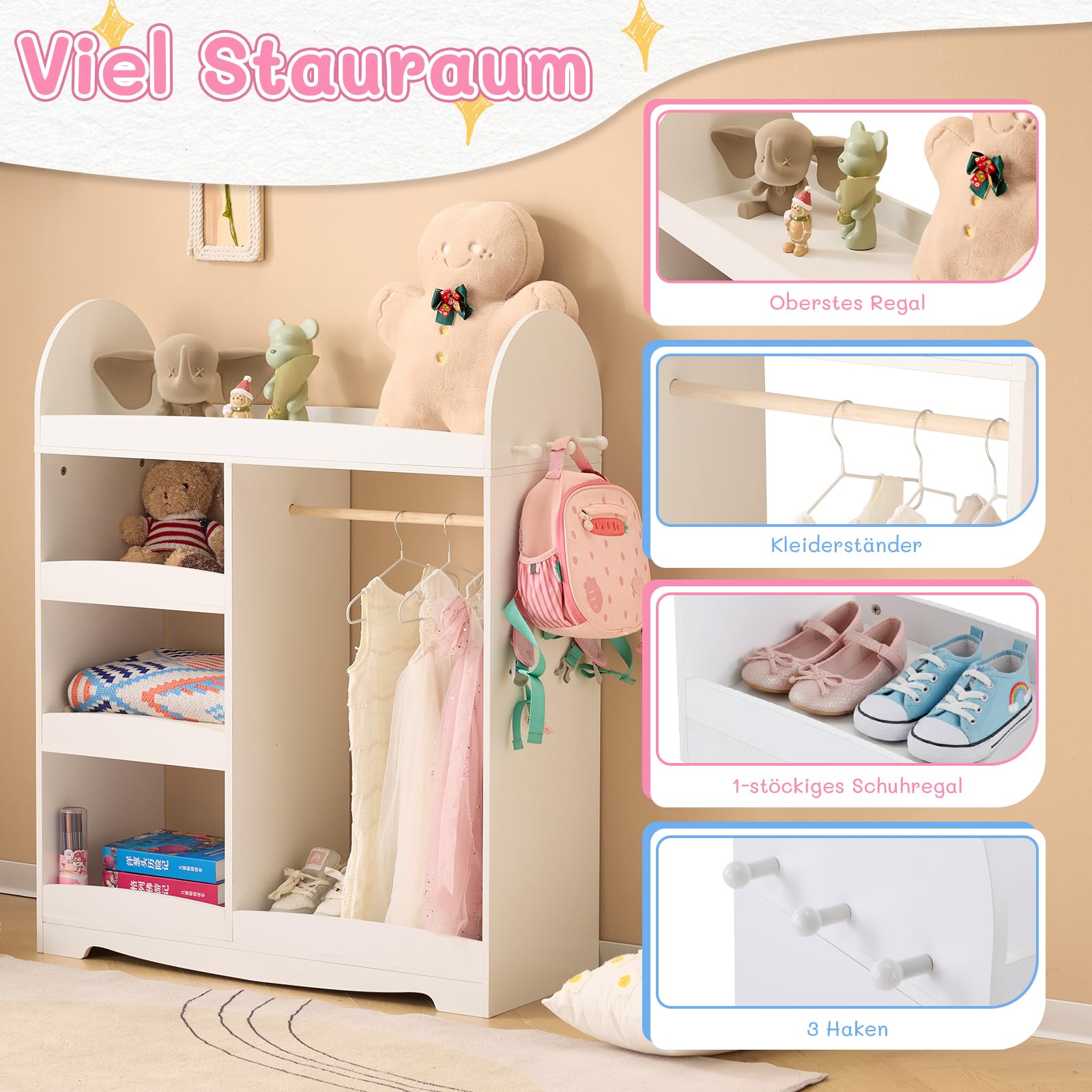 LALAHO kinderkleiderschrank，kleiderschrank kinderzimmer，kleiderschrank Kinder，kindergarderobe mit ablage，mit 3 Haken＆mit 5 offener Ablagen, Kinder Kleiderständer für Kinderzimmer（Weiß）