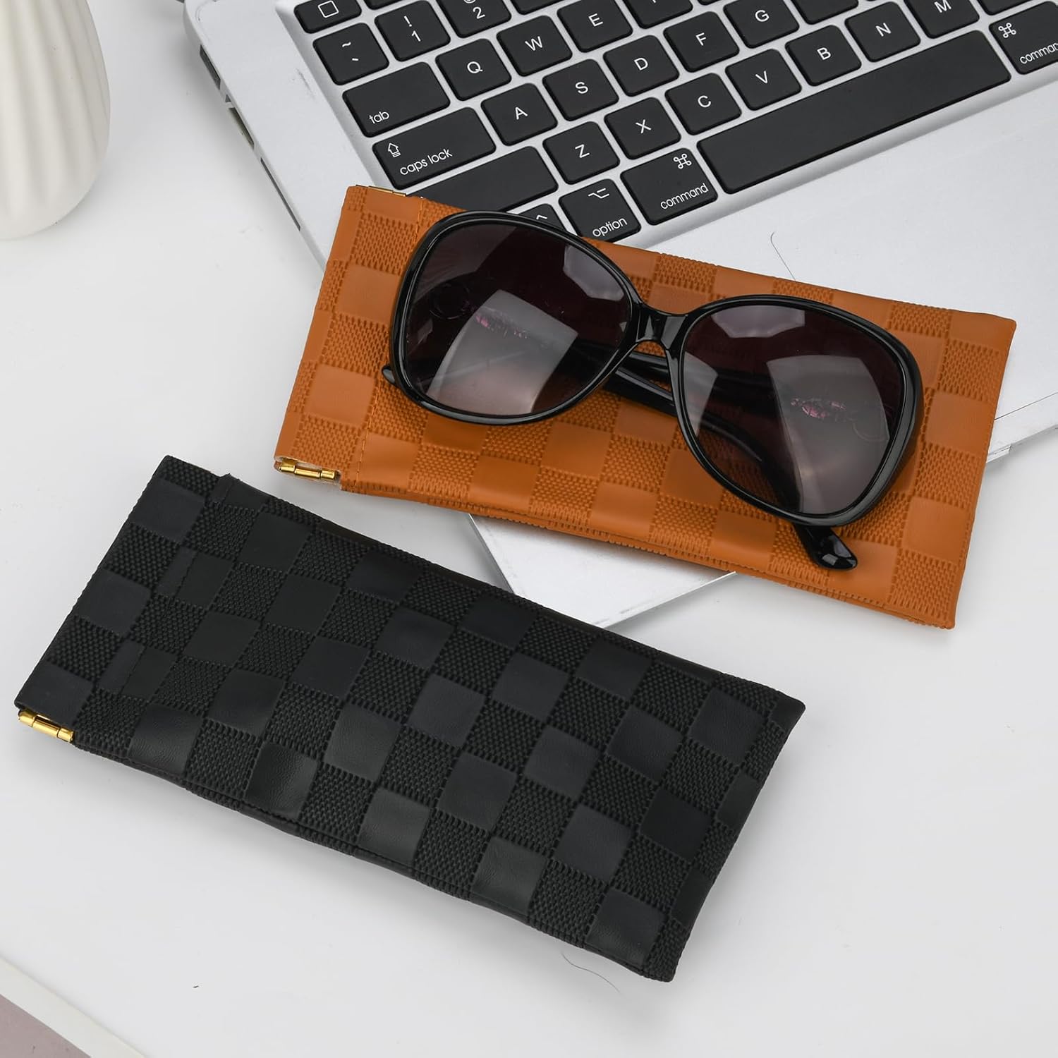 Sightor Sunglasses Case, 2 Pcs Soft Eyeglass Cases Checkered Sunglass Case Portable Squeeze Top Leather Glasses Pouch Black, Brown image 4 of 7 B0D1XQZYYS