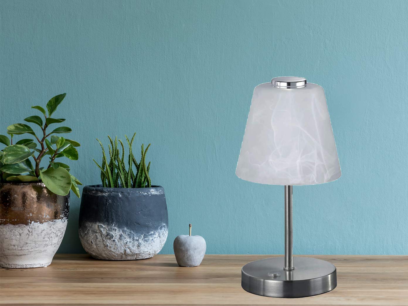 Juego de 2 lámparas LED de mesa con regulador de intensidad táctil, color plateado mate, pantalla de cristal alabastro, 24 cm de alto